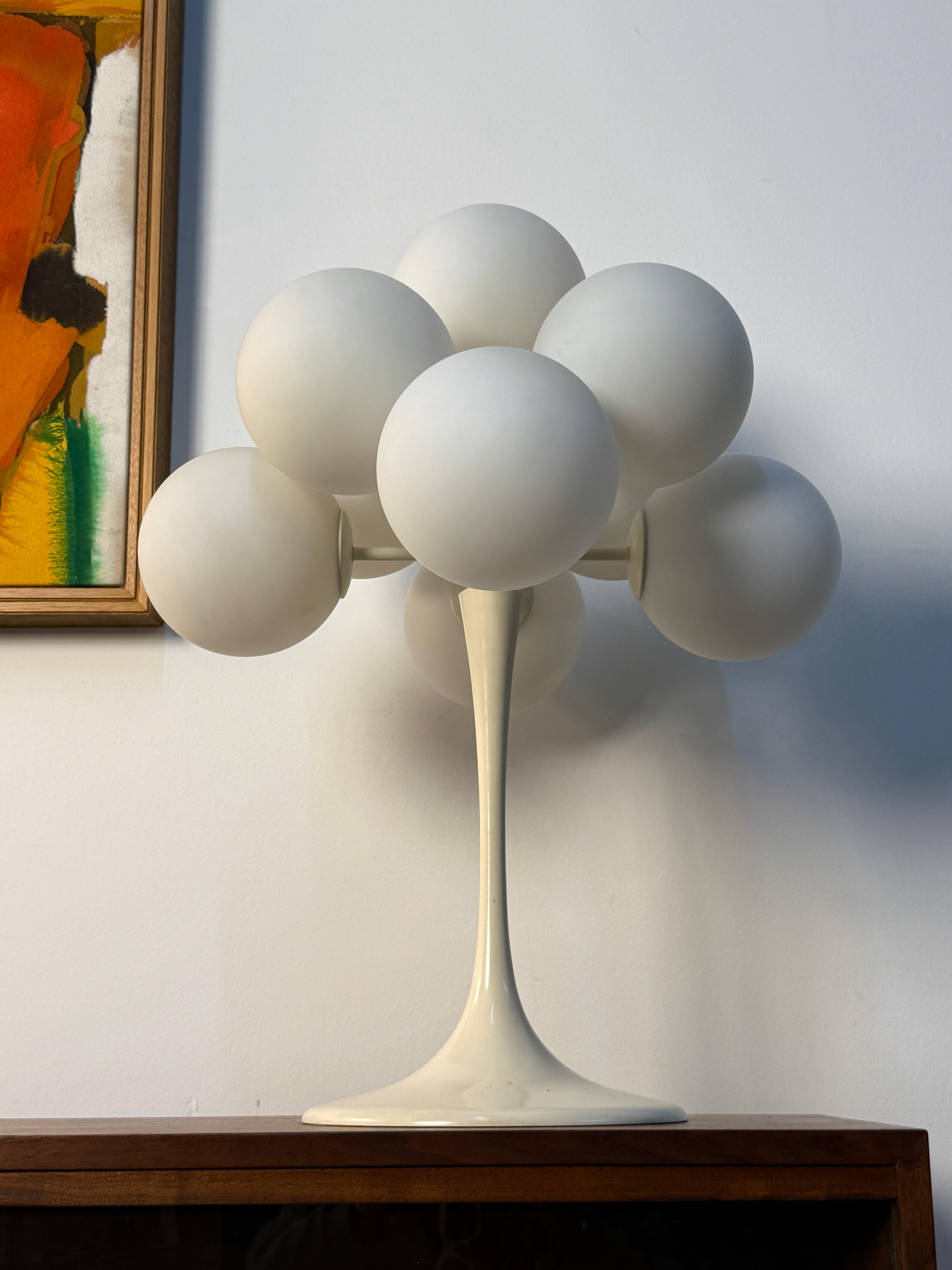 Enamel Mid Century Space Age Atomic White Glass Globe Tulip Table Lamp by E.R. Nele
