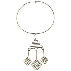 Mid Century Space Age Brass Modernist Wire Dog Collar Multi Pendant Necklace