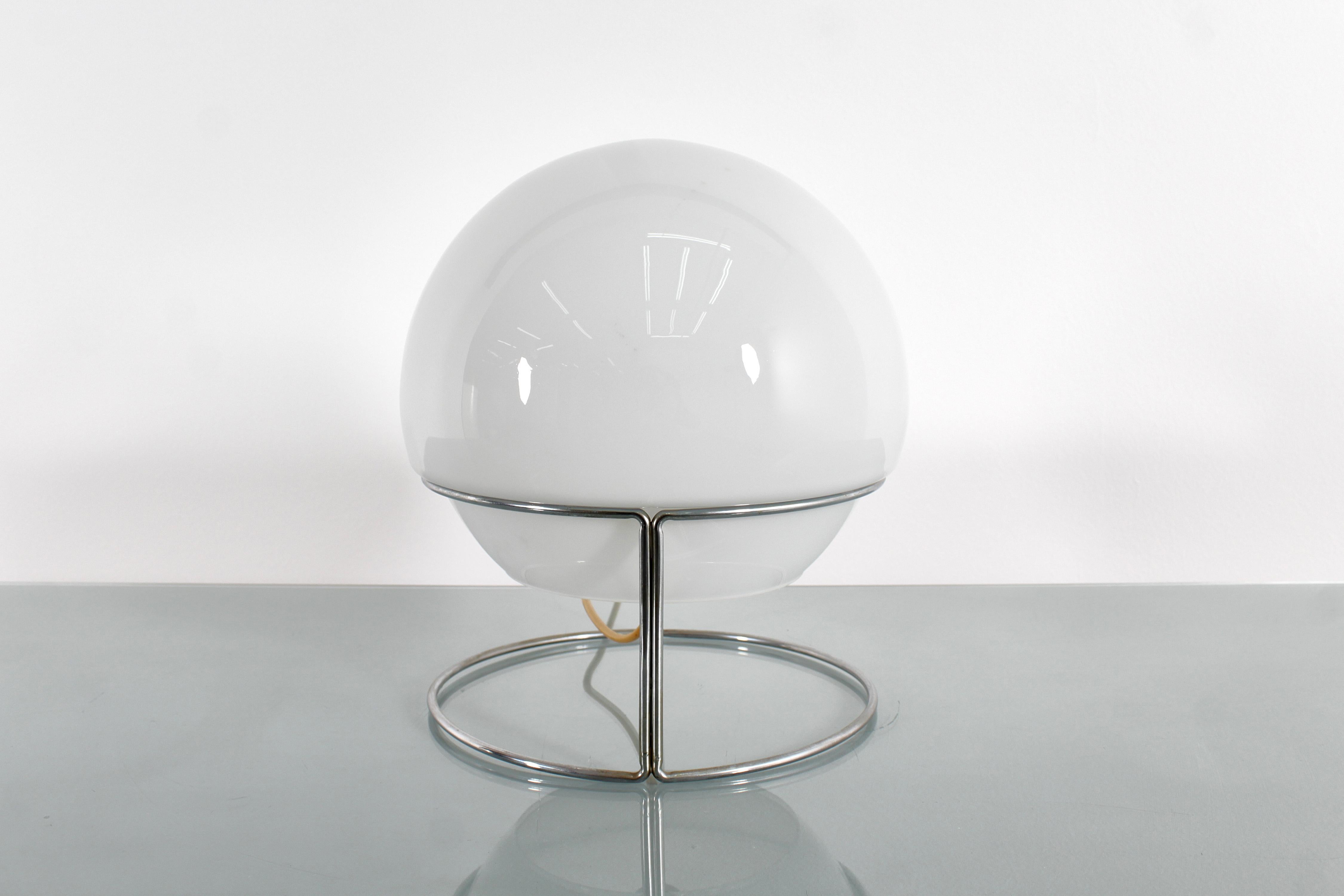Italian Mid-Century Space Age C. Nason Style Steel and Milky Glass Table Lamp 70s Italy For Sale