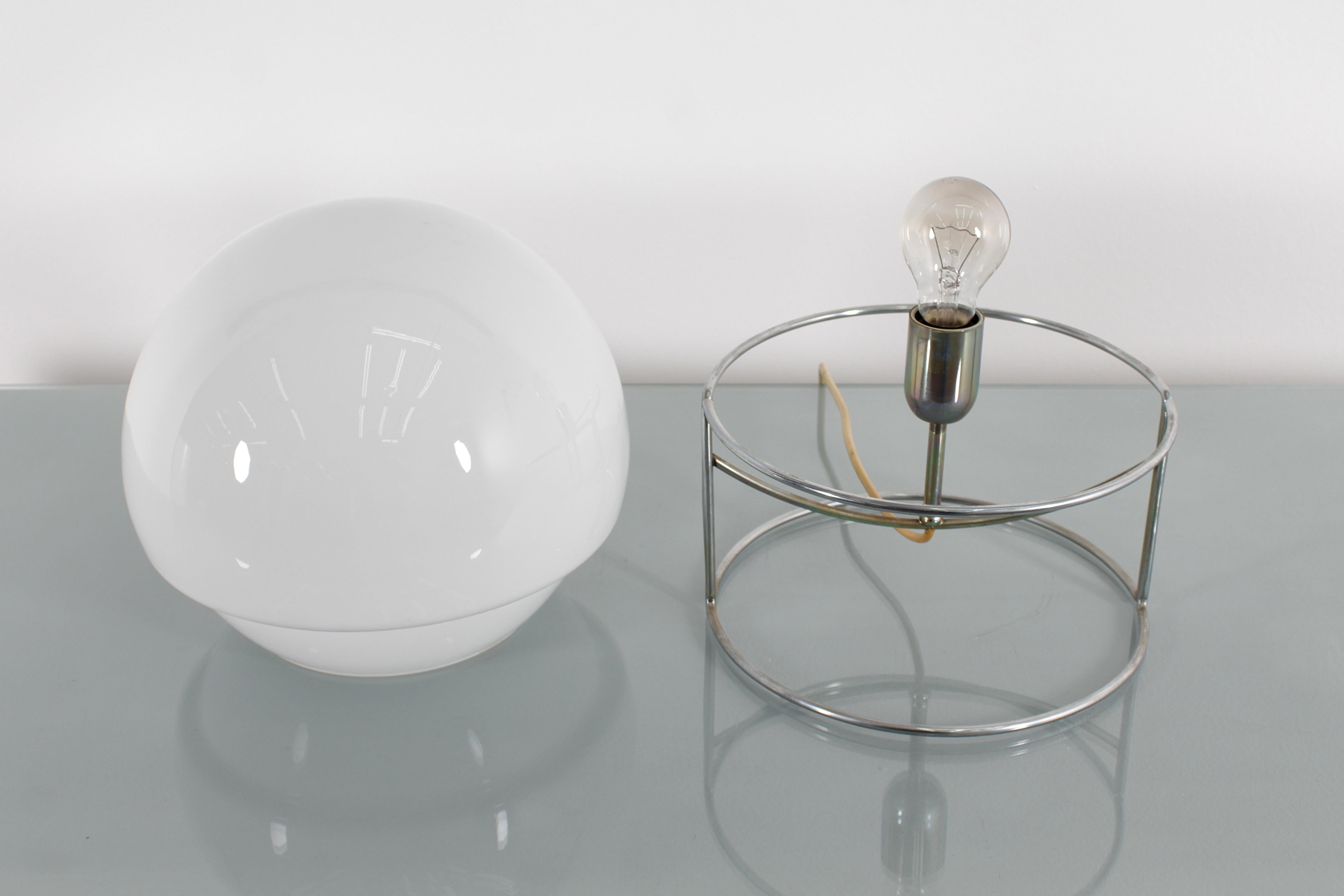 Mid-Century Space Age C. Nason Style Steel and Milky Glass Table Lamp 70s Italy For Sale 1