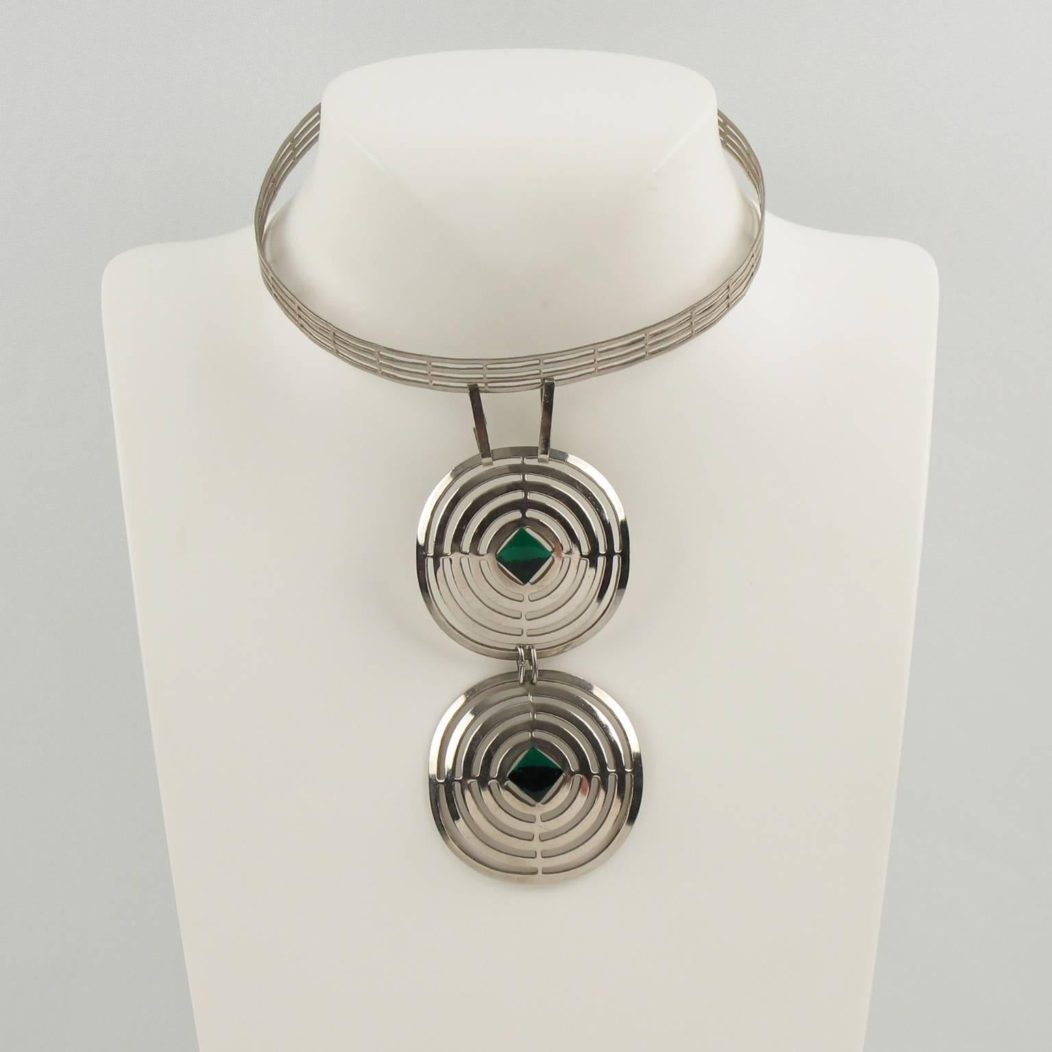 Modernist Mid Century Space Age Chrome and Green Glass Cabochon Dog Collar Necklace
