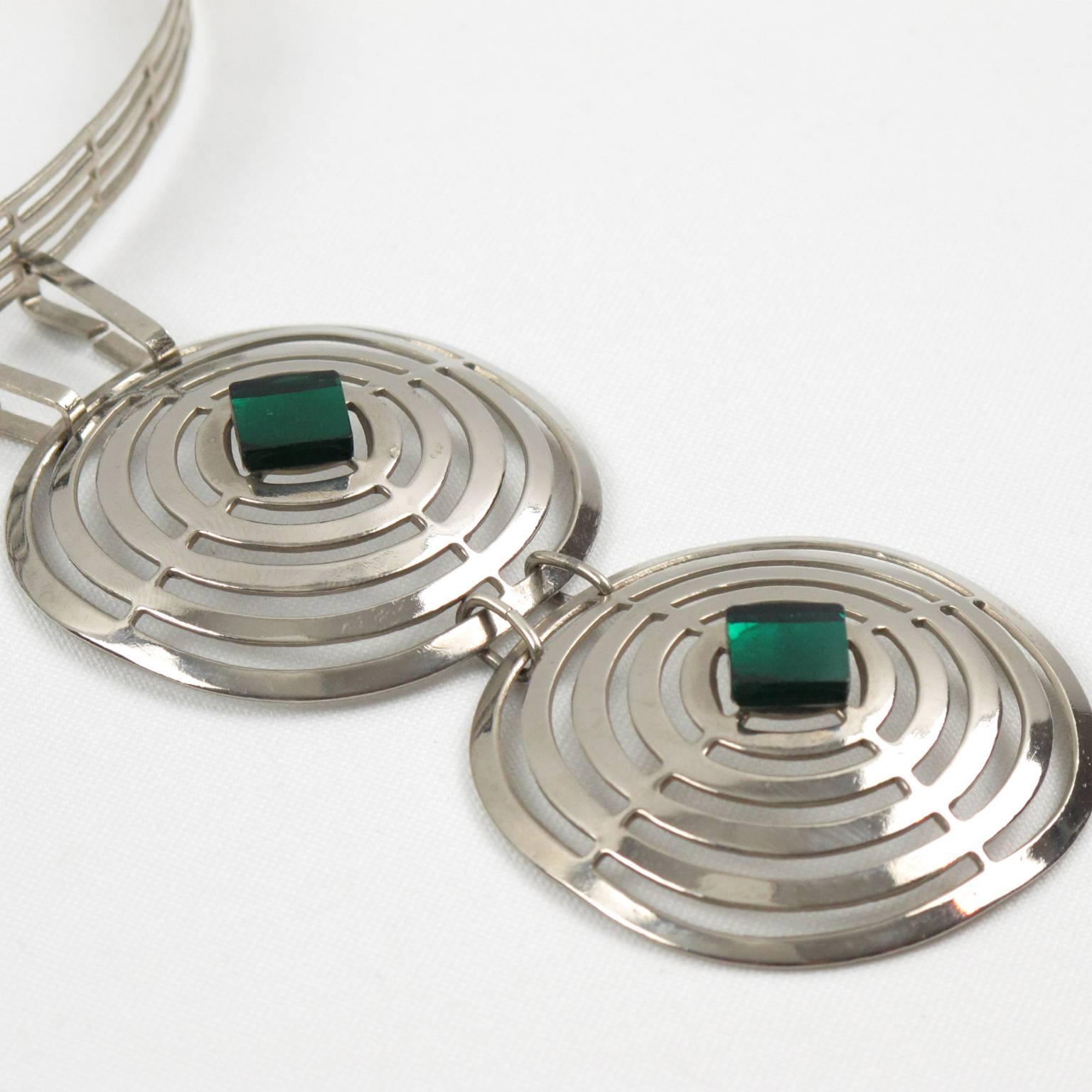 Women's or Men's Mid Century Space Age Chrome and Green Glass Cabochon Dog Collar Necklace