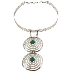 Mid Century Space Age Chrome and Green Glass Cabochon Dog Collar Necklace