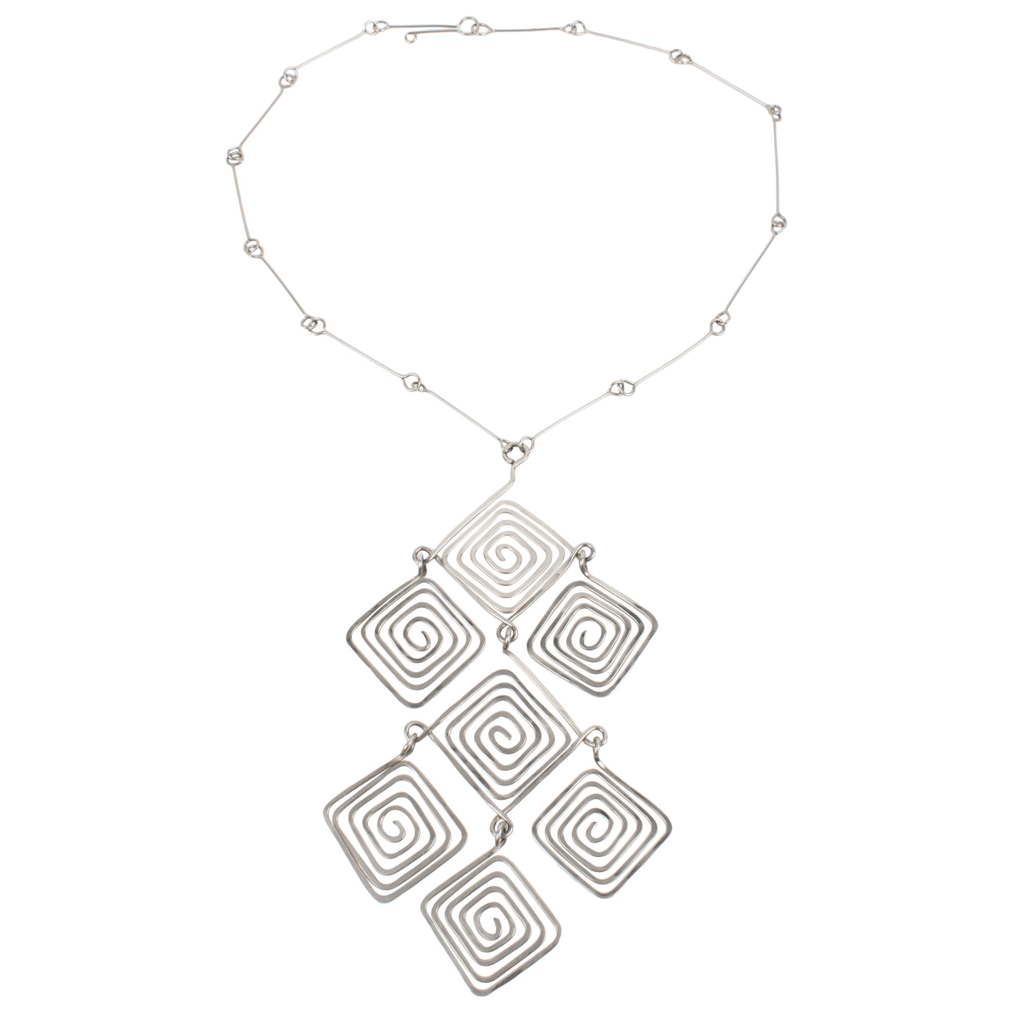 Mid Century Space Age Chrome Modernist Wire Necklace with Geometric Medallion For Sale