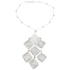 Mid Century Space Age Chrome Modernist Wire Necklace with Geometric Medallion