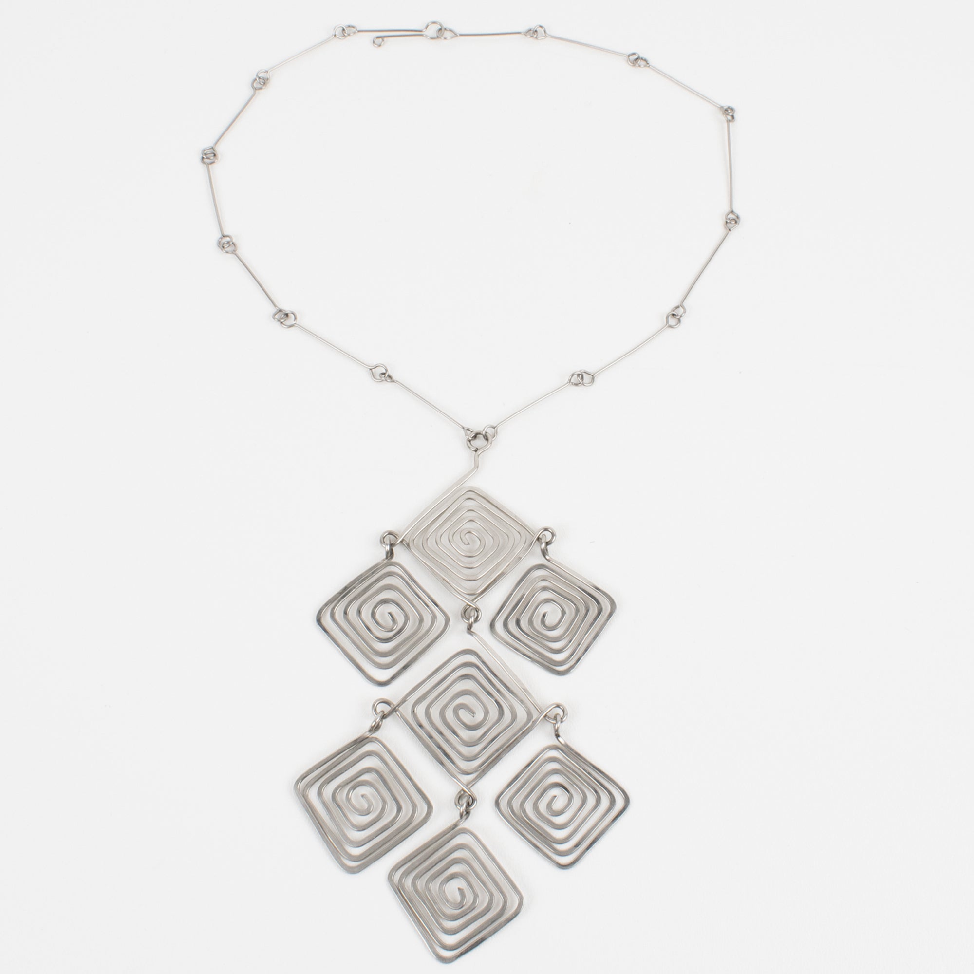 Mid Century Space Age Chrome Modernist Wire Necklace with Geometric Medallion
