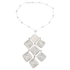 Mid Century Space Age Chrome Modernist Wire Necklace with Geometric Medallion