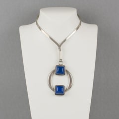 Mid Century Space Age Collar Pendant Necklace Silvered Metal and Blue Resin