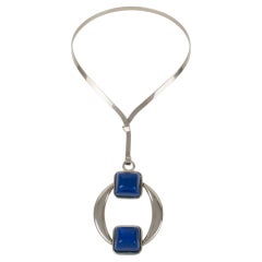 Mid Century Space Age Collar Pendant Necklace Silvered Metal and Blue Resin