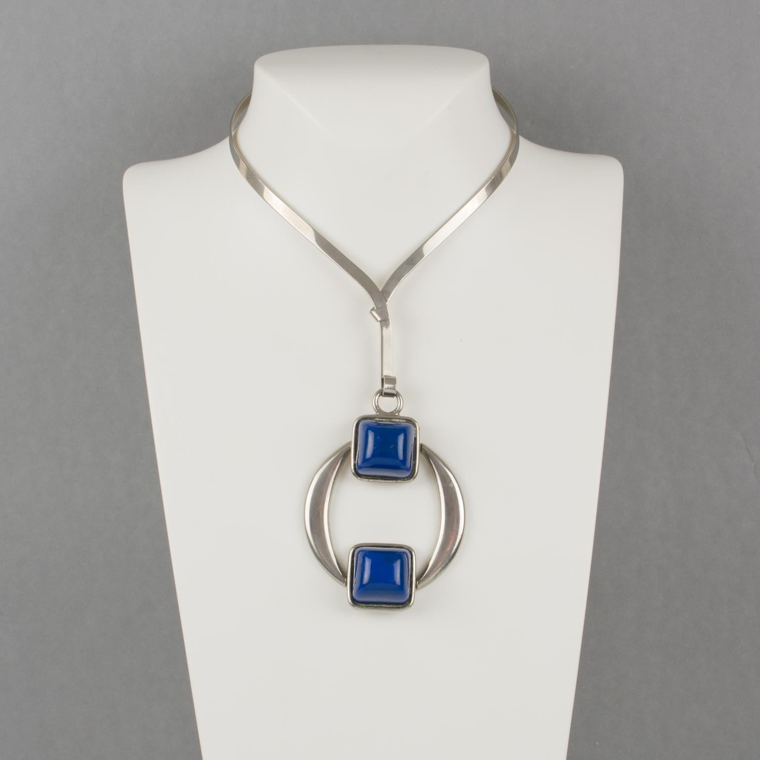 Modernist Mid Century Space Age Collar Pendant Necklace Stainless Steel and Blue Resin For Sale