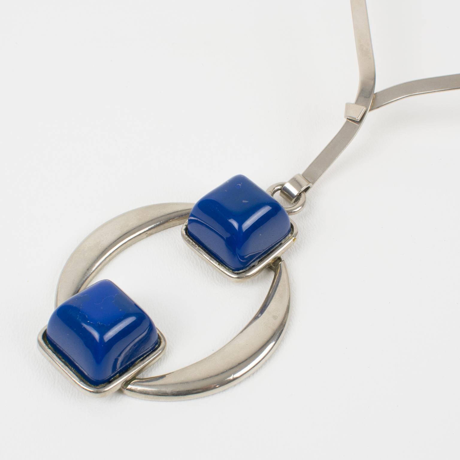 Mid Century Space Age Collar Pendant Necklace Stainless Steel and Blue Resin For Sale 1