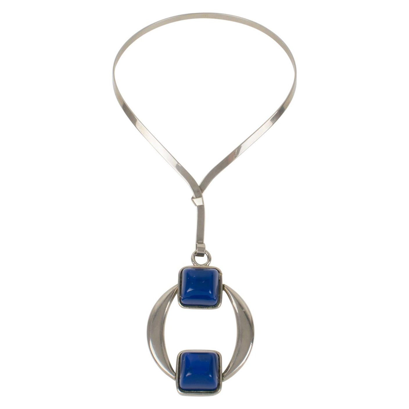 Mid Century Space Age Collar Pendant Necklace Stainless Steel and Blue Resin