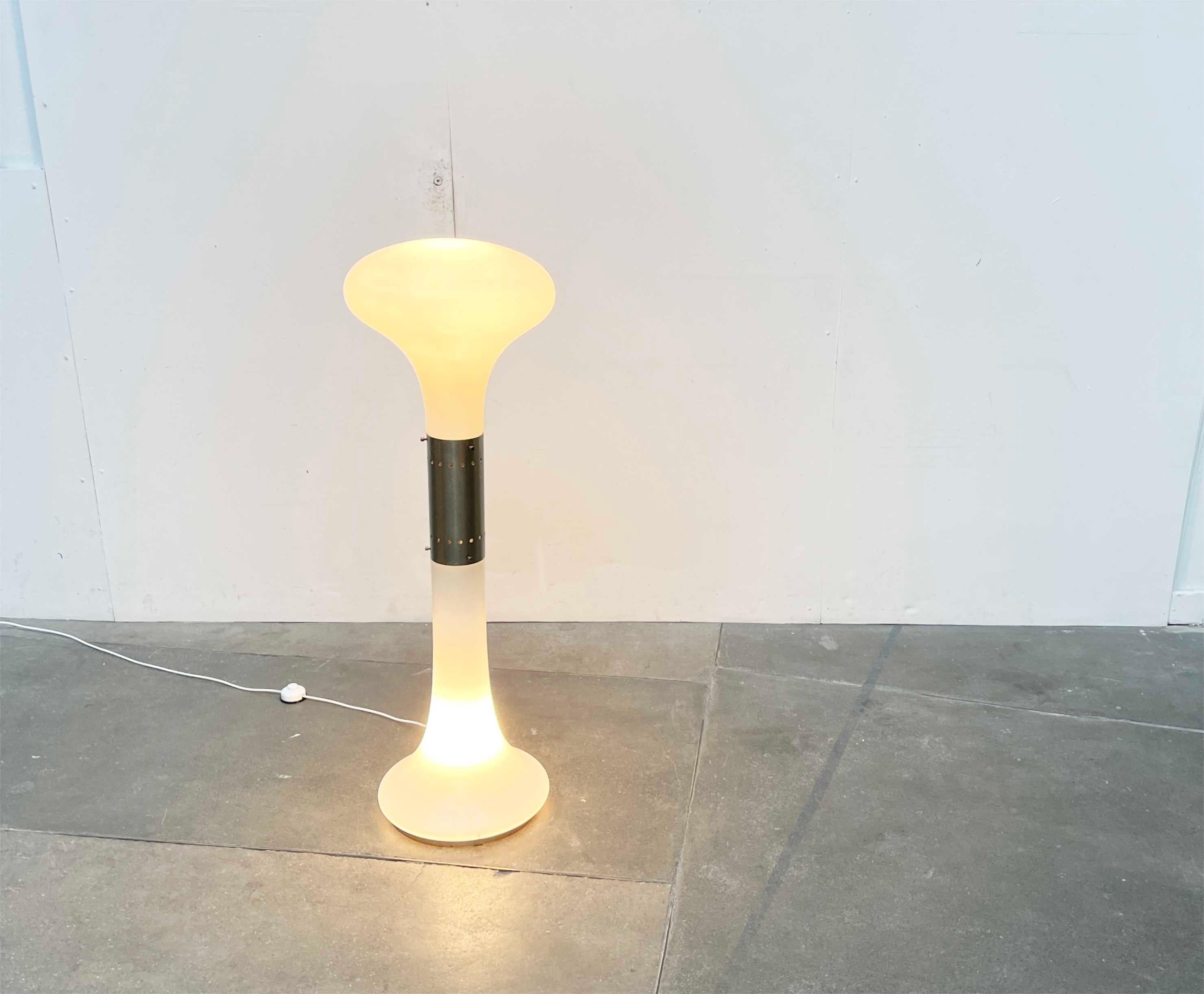 Imponente lampada da terra del produttore italiano Mazzega basata su un disegno di Carlo Nason della fine degli anni '60.

Questa rara lampada colpisce per il suo linguaggio di design organico e per i suoi materiali in acciaio e vetro. I due grandi