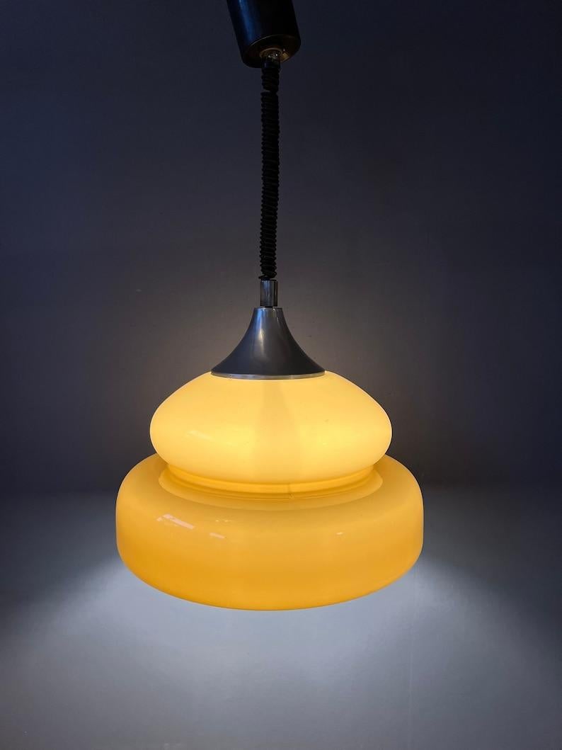 Metal Mid Century Space Age Pendant Lamp - Vintage Beige Light Fixture, 1970s For Sale
