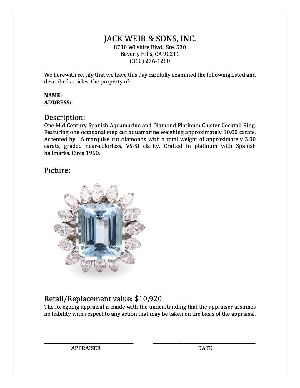Mid Century Spanish Aquamarine and Diamond Platinum Cluster Cocktail Ring For Sale 2