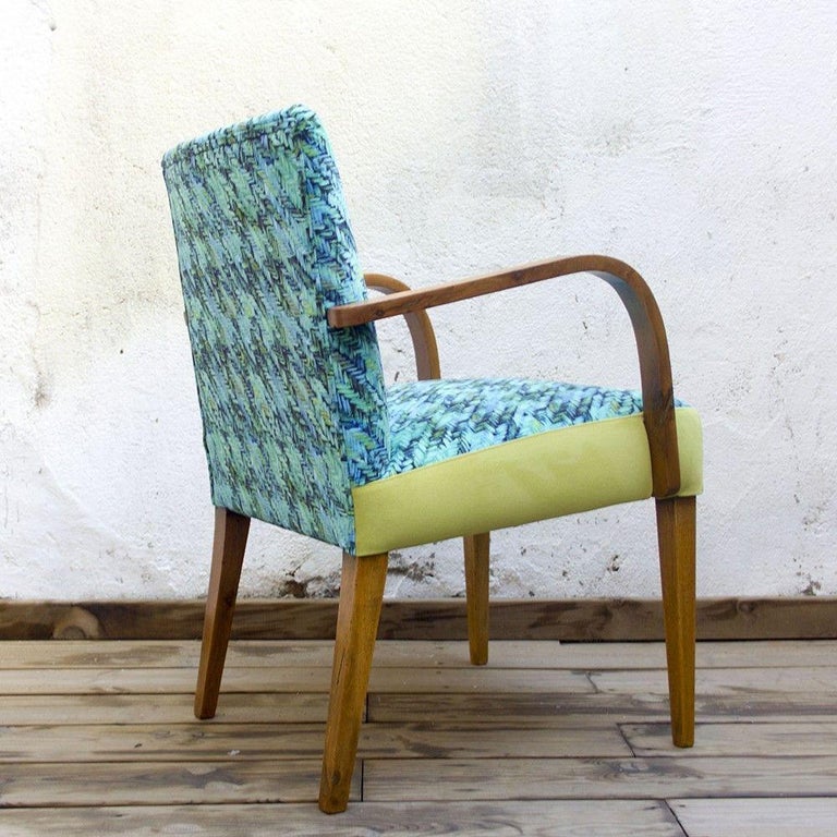 Midcentury Spanish Armchair In Blue and Green Herringbone Fabric at 1stDibs