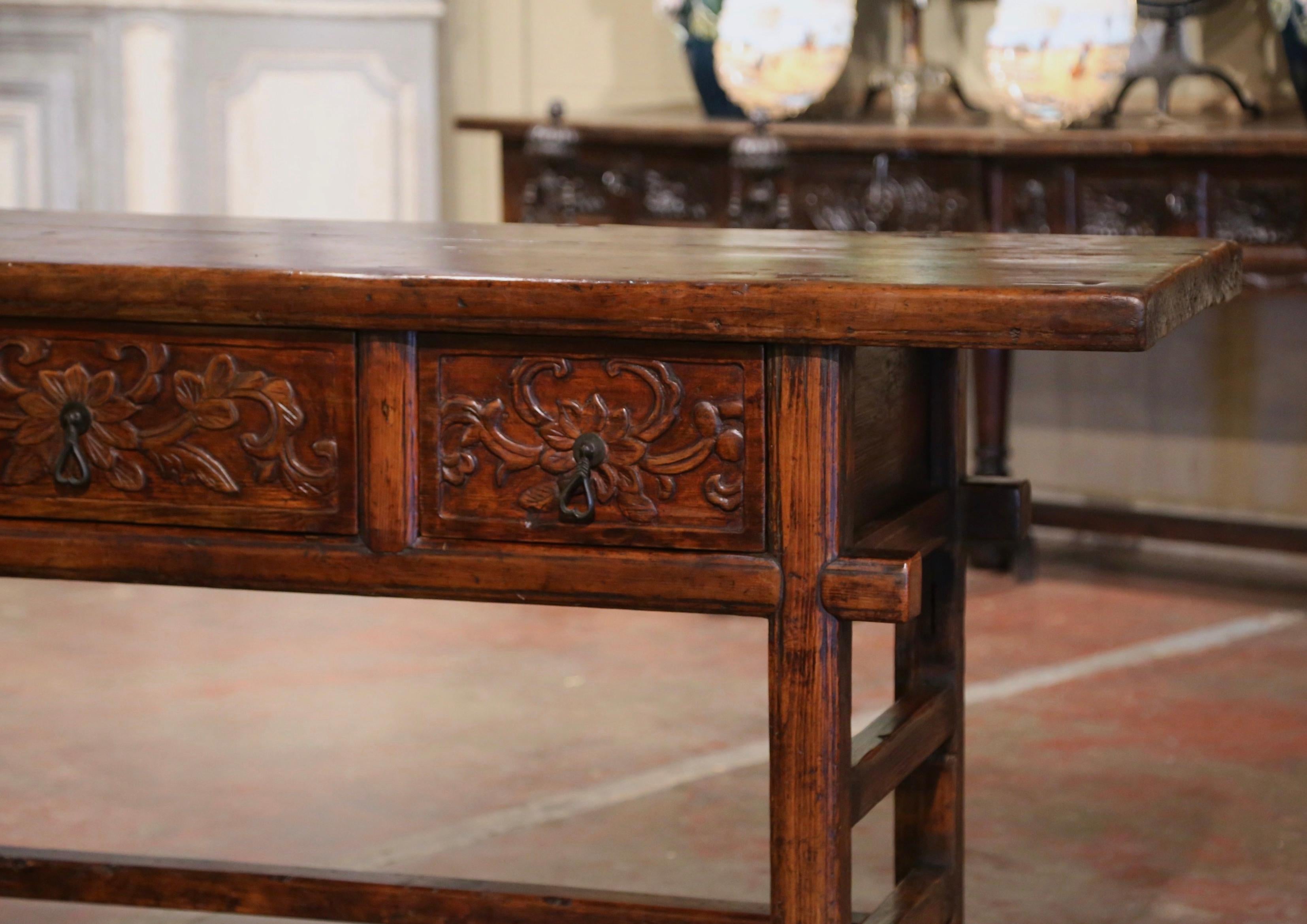 Mid Century Spanish Baroque Carved Pine & Oak Three-Drawer Console Table For Sale 2