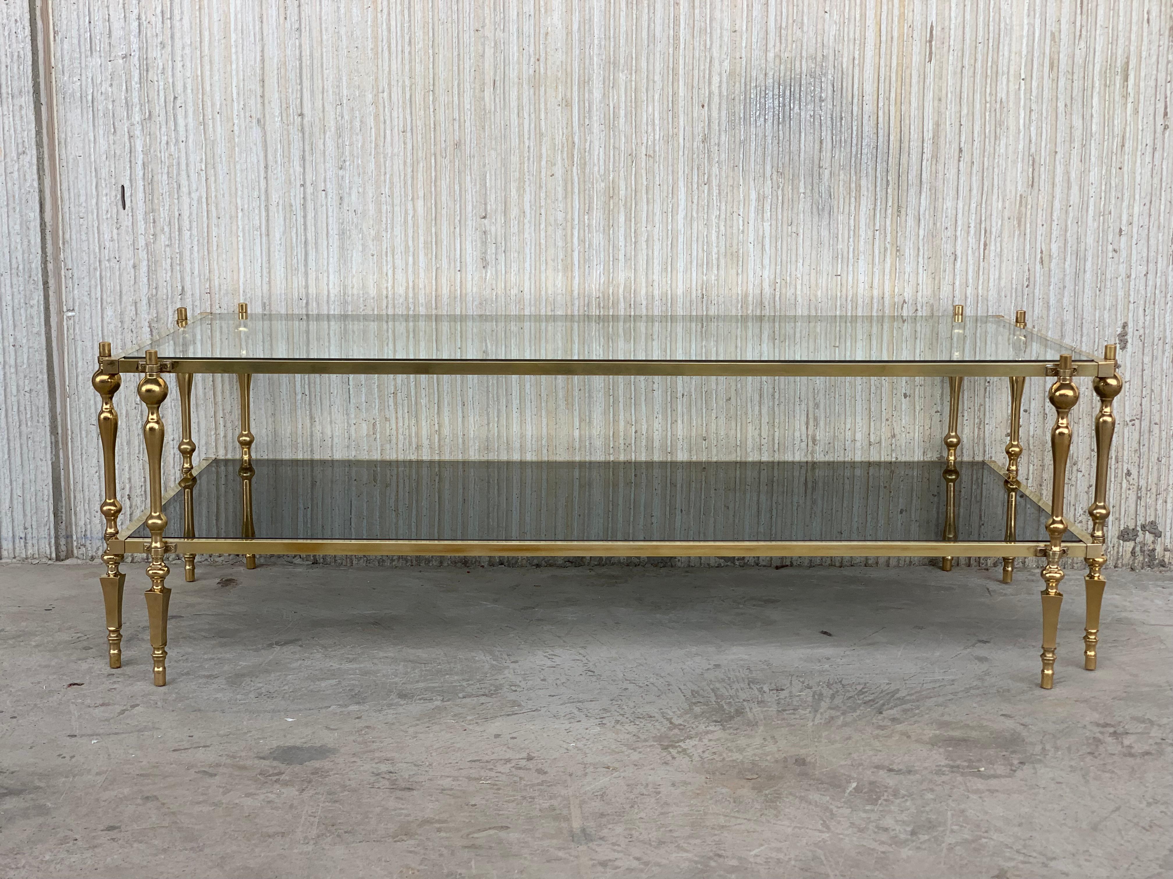 Mid-Century Modern Midcentury Spanish Brass and Bronze Coffee Table with Smoked Glass & Double Leg