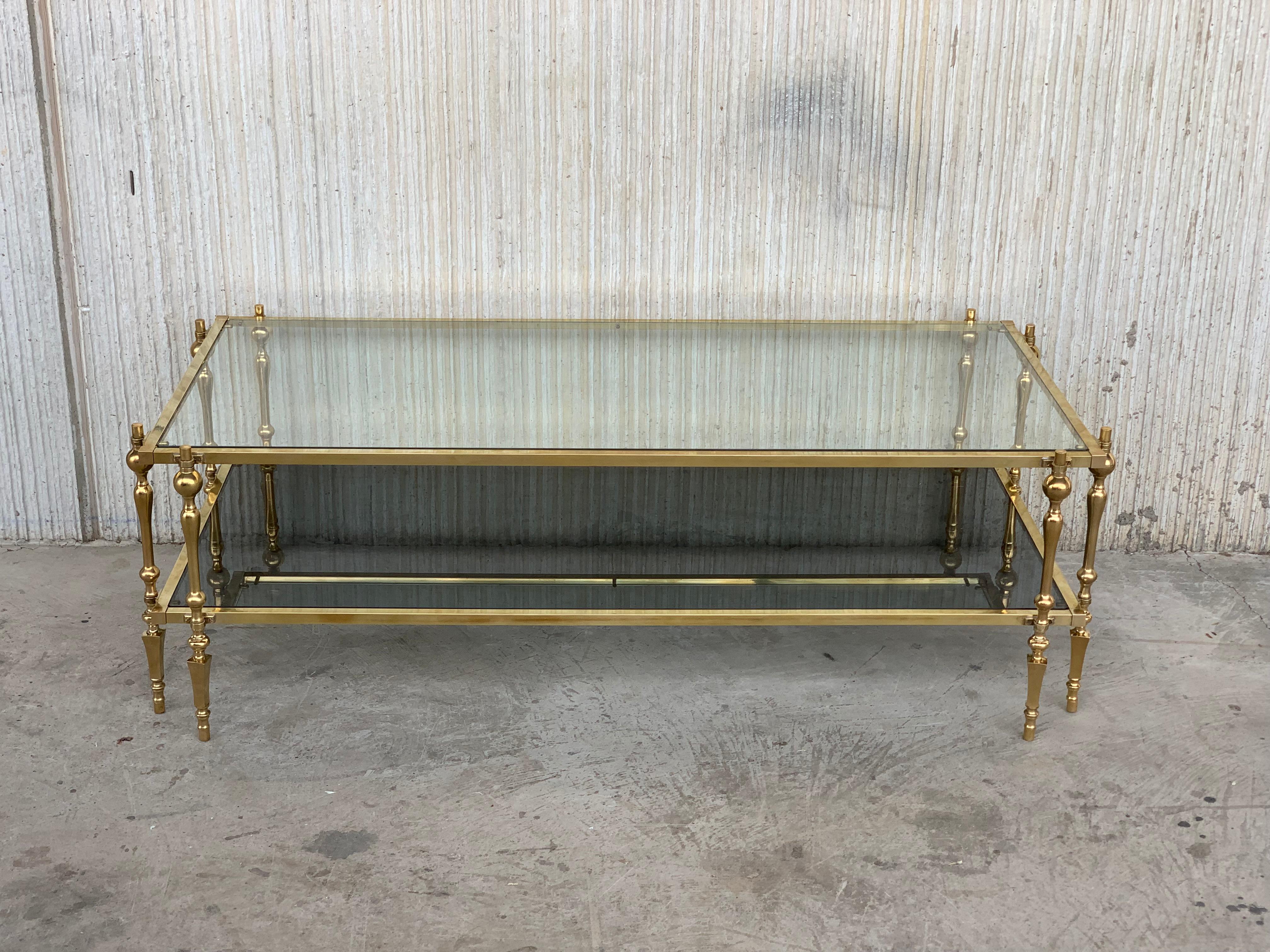 Midcentury Spanish Brass and Bronze Coffee Table with Smoked Glass & Double Leg In Good Condition In Miami, FL