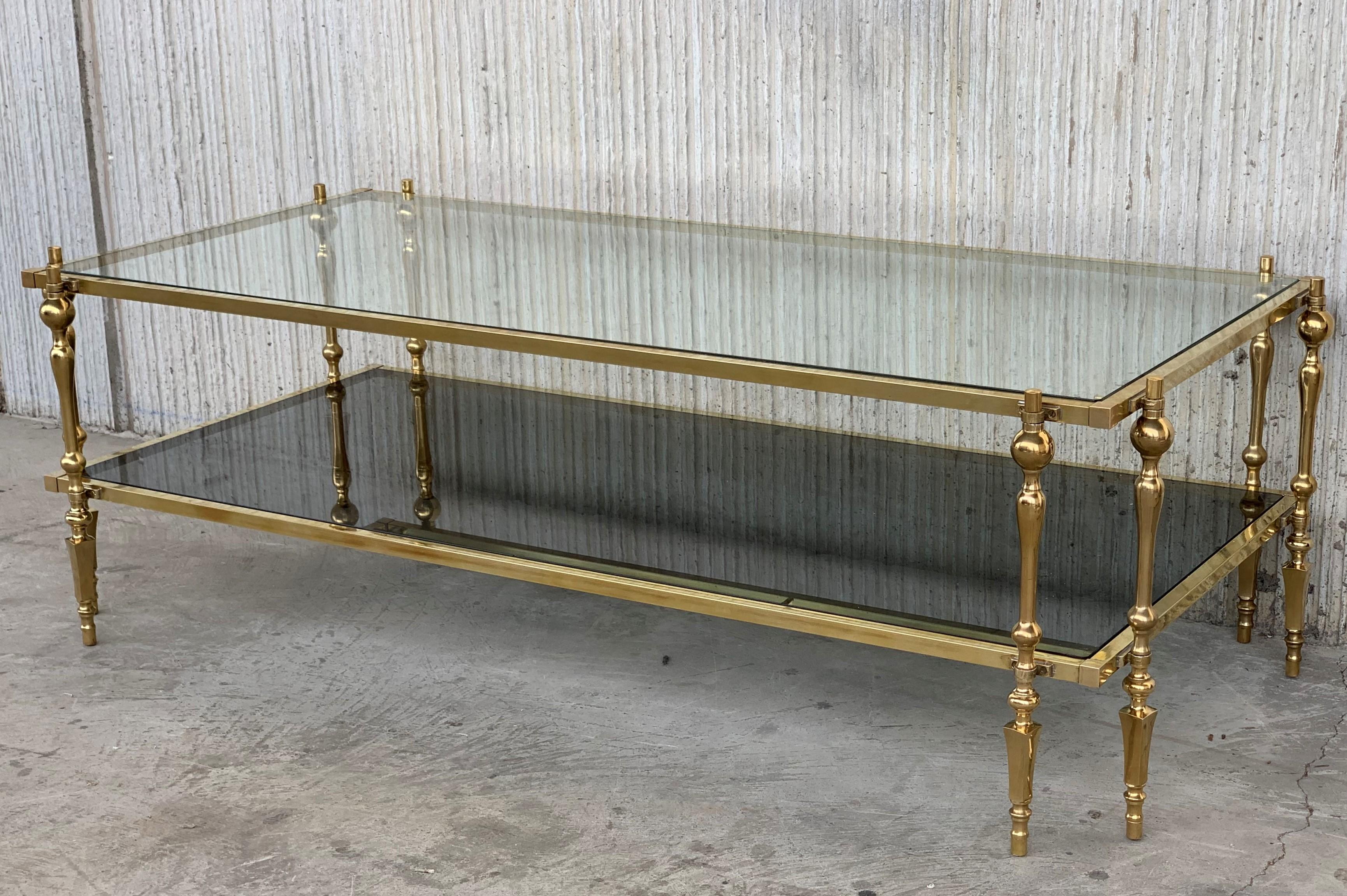 20th Century Midcentury Spanish Brass and Bronze Coffee Table with Smoked Glass & Double Leg