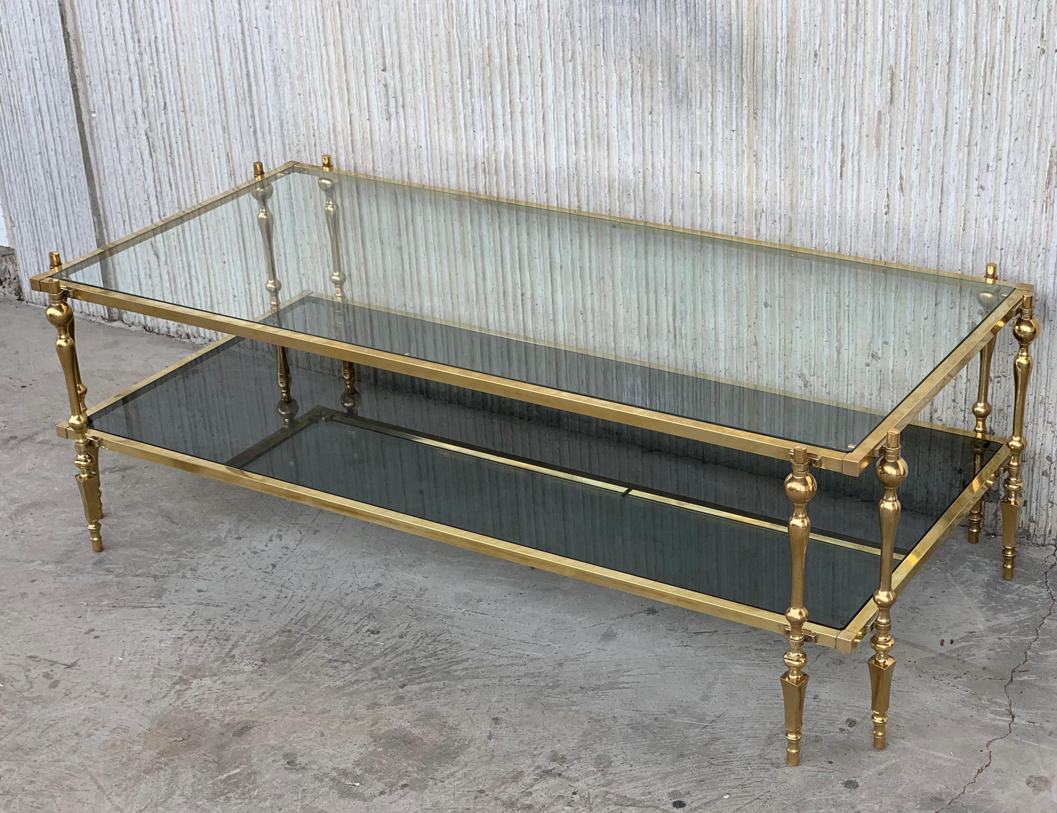 Midcentury Spanish Brass and Bronze Coffee Table with Smoked Glass & Double Leg 1