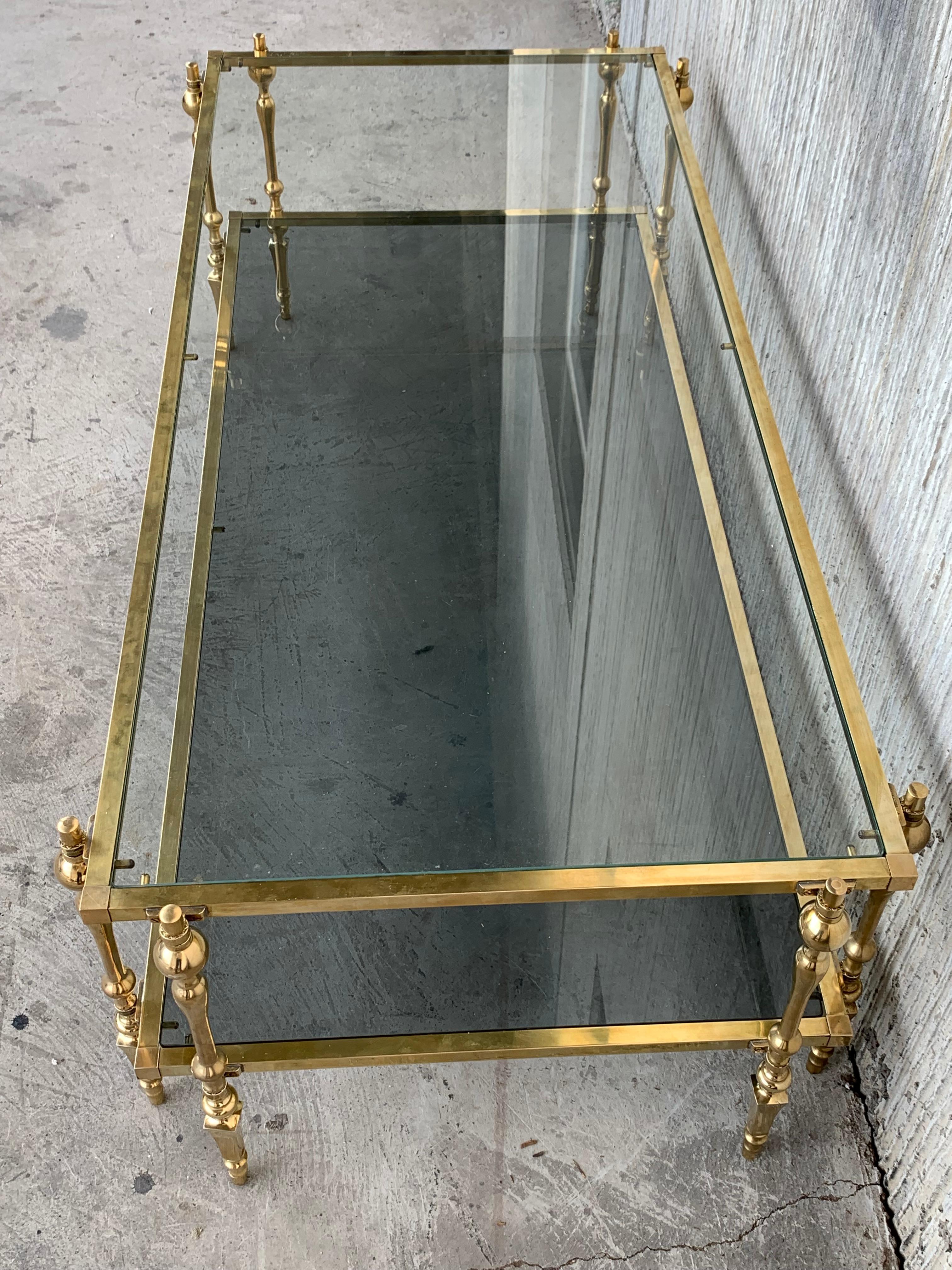 Midcentury Spanish Brass and Bronze Coffee Table with Smoked Glass & Double Leg 2