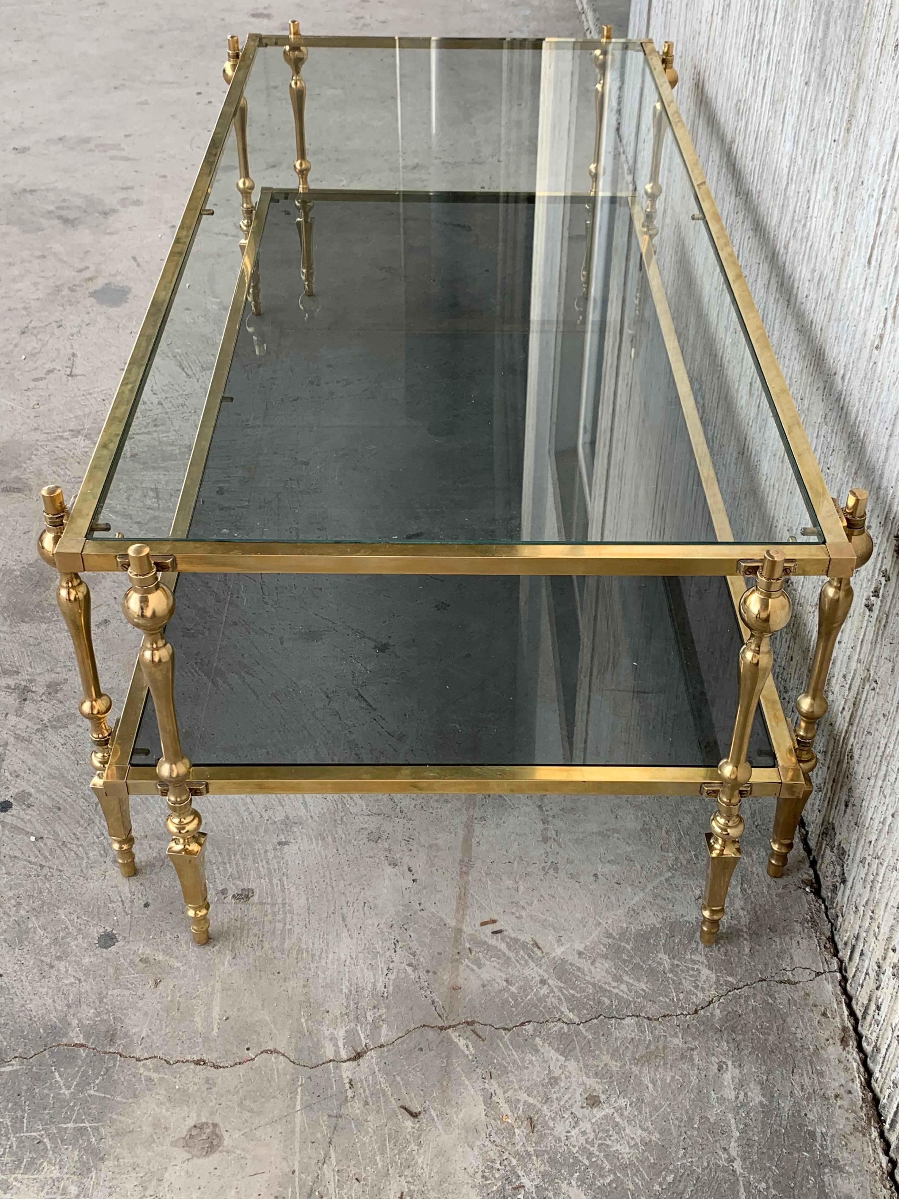 Midcentury Spanish Brass and Bronze Coffee Table with Smoked Glass & Double Leg 3