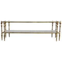 Midcentury Spanish Brass and Bronze Coffee Table with Smoked Glass & Double Leg