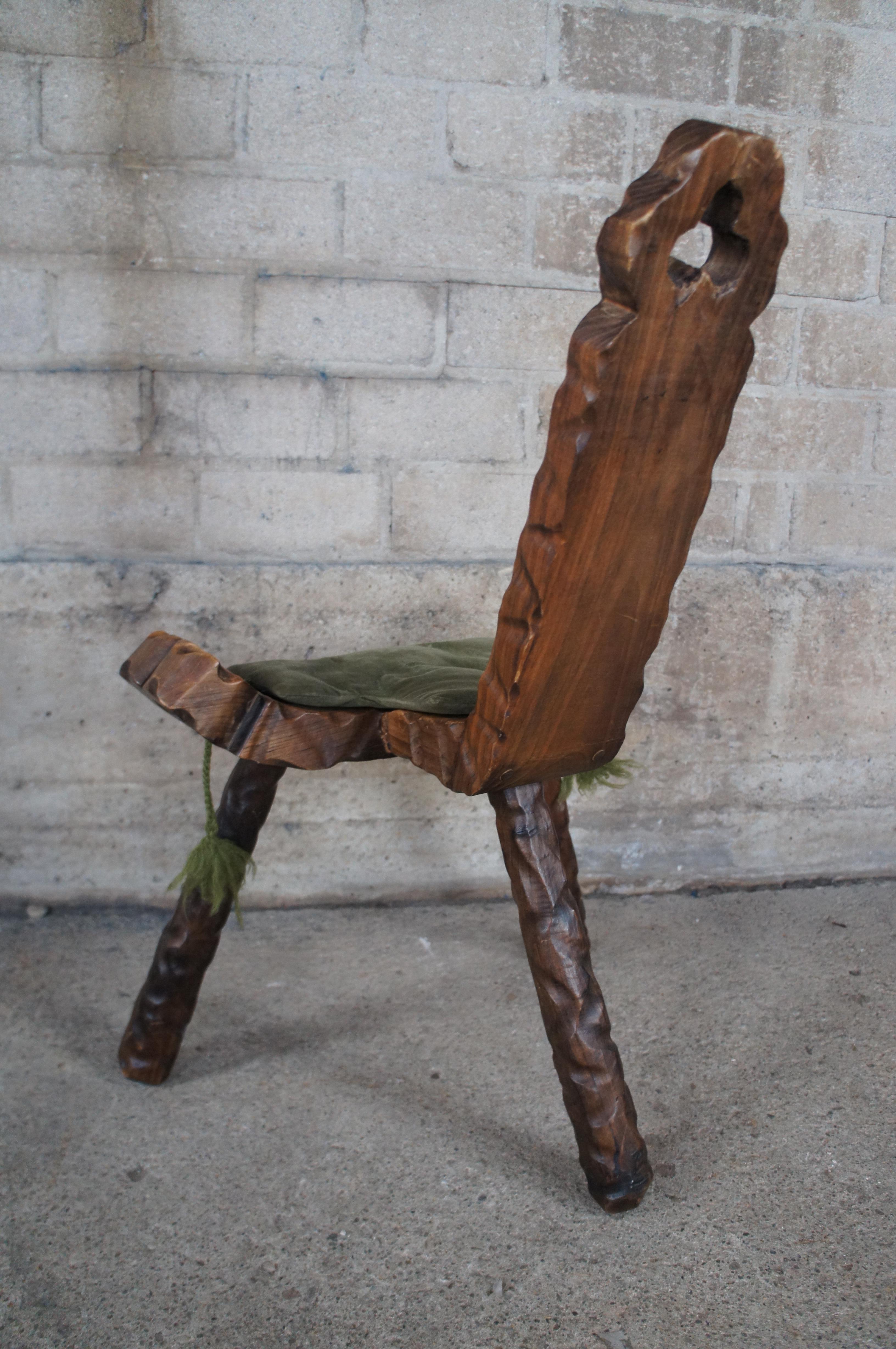 Mid Century Spanish Brutalist Carved Walnut Tripod Birthing Chair Stool 29