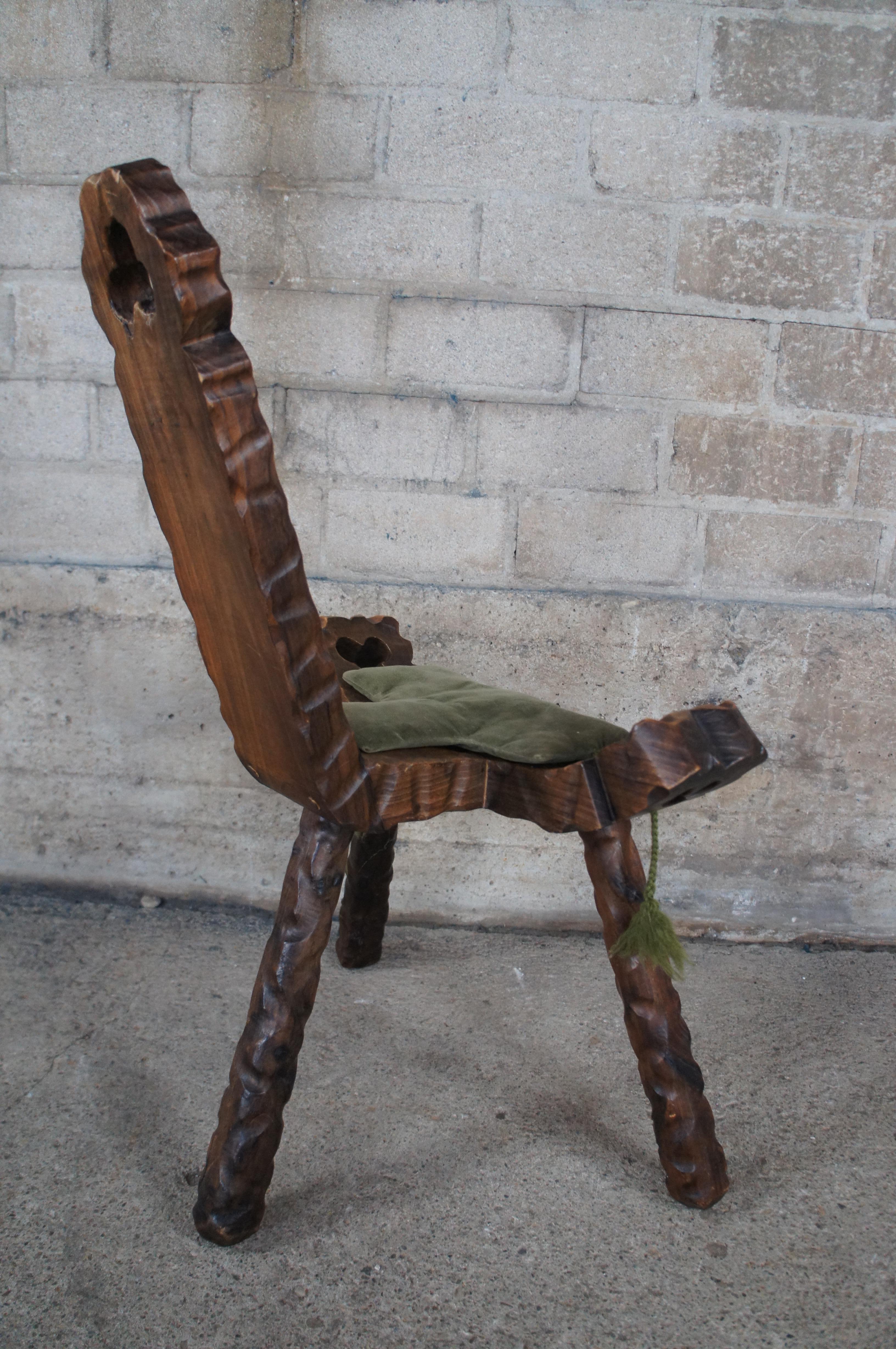 Mid Century Spanish Brutalist Carved Walnut Tripod Birthing Chair Stool 29