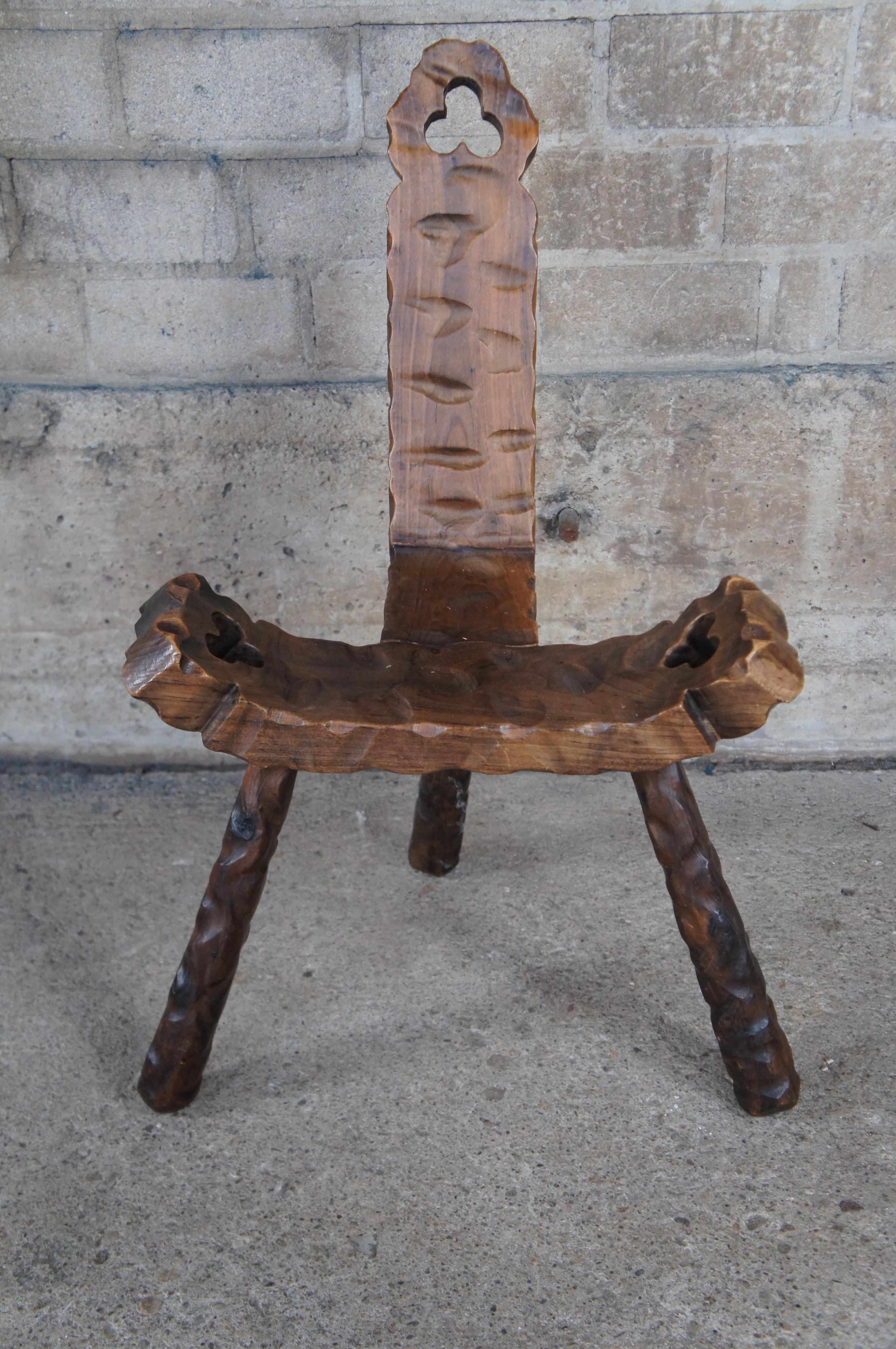 Mid Century Spanish Brutalist Carved Walnut Tripod Birthing Chair Stool 29