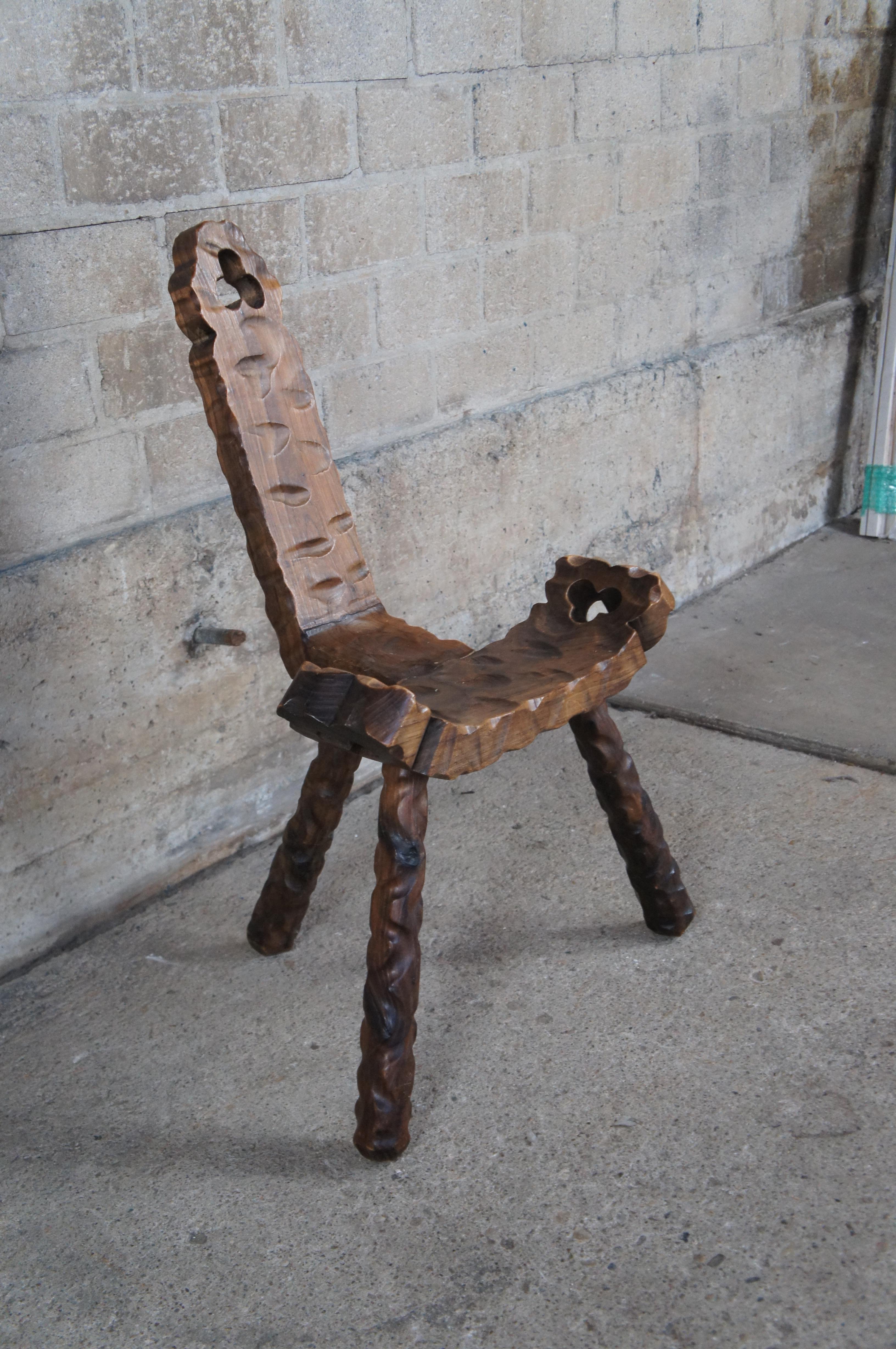 Mid Century Spanish Brutalist Carved Walnut Tripod Birthing Chair Stool 29