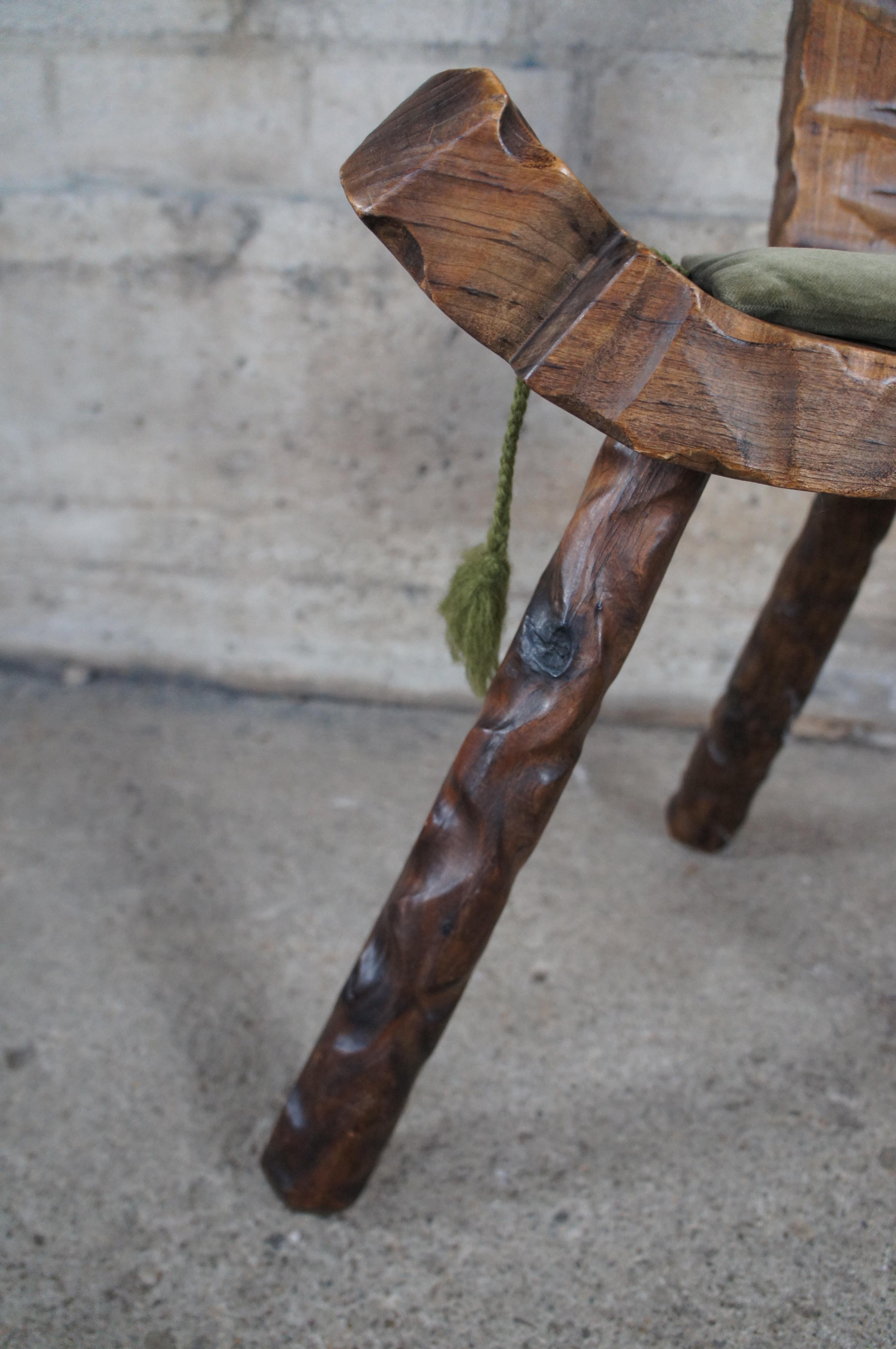 Mid Century Spanish Brutalist Carved Walnut Tripod Birthing Chair Stool 29