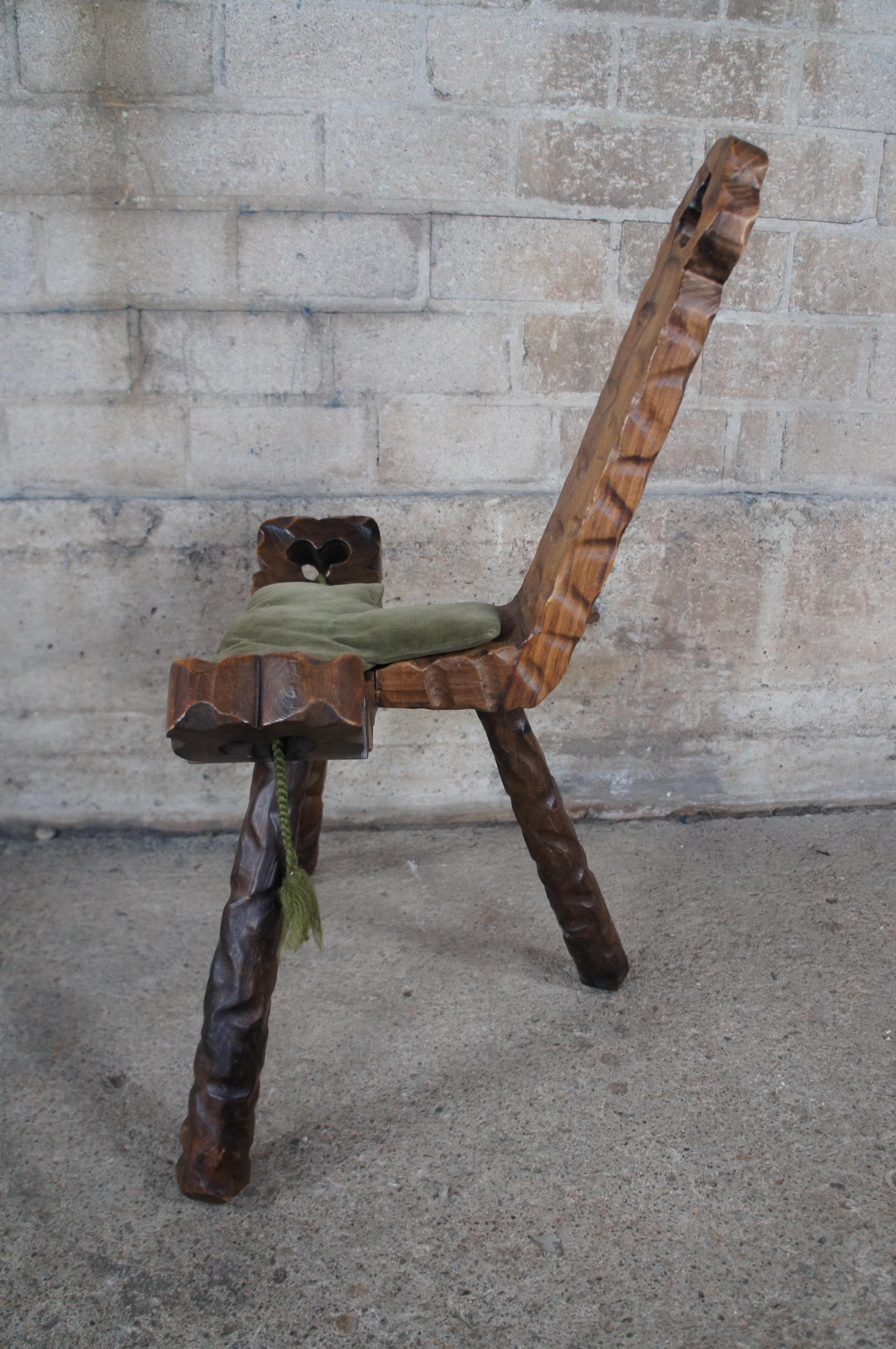 Mid Century Spanish Brutalist Carved Walnut Tripod Birthing Chair Stool 29