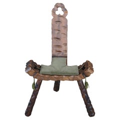 Mid Century Spanish Brutalist Carved Walnut Tripod Birthing Chair Stool 29"