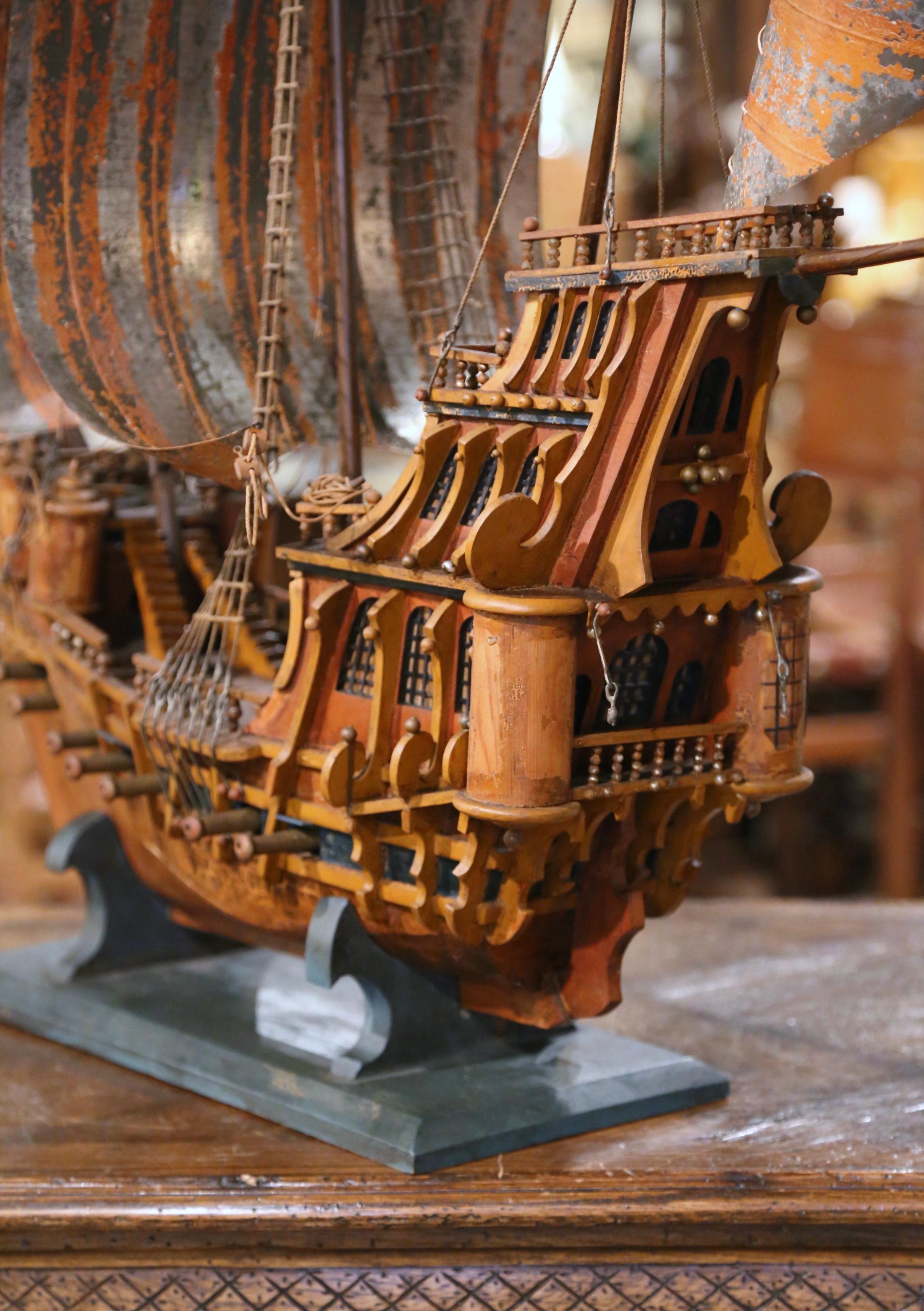 Fabric Mid-Century Spanish Carved Wood and Metal Model Ship