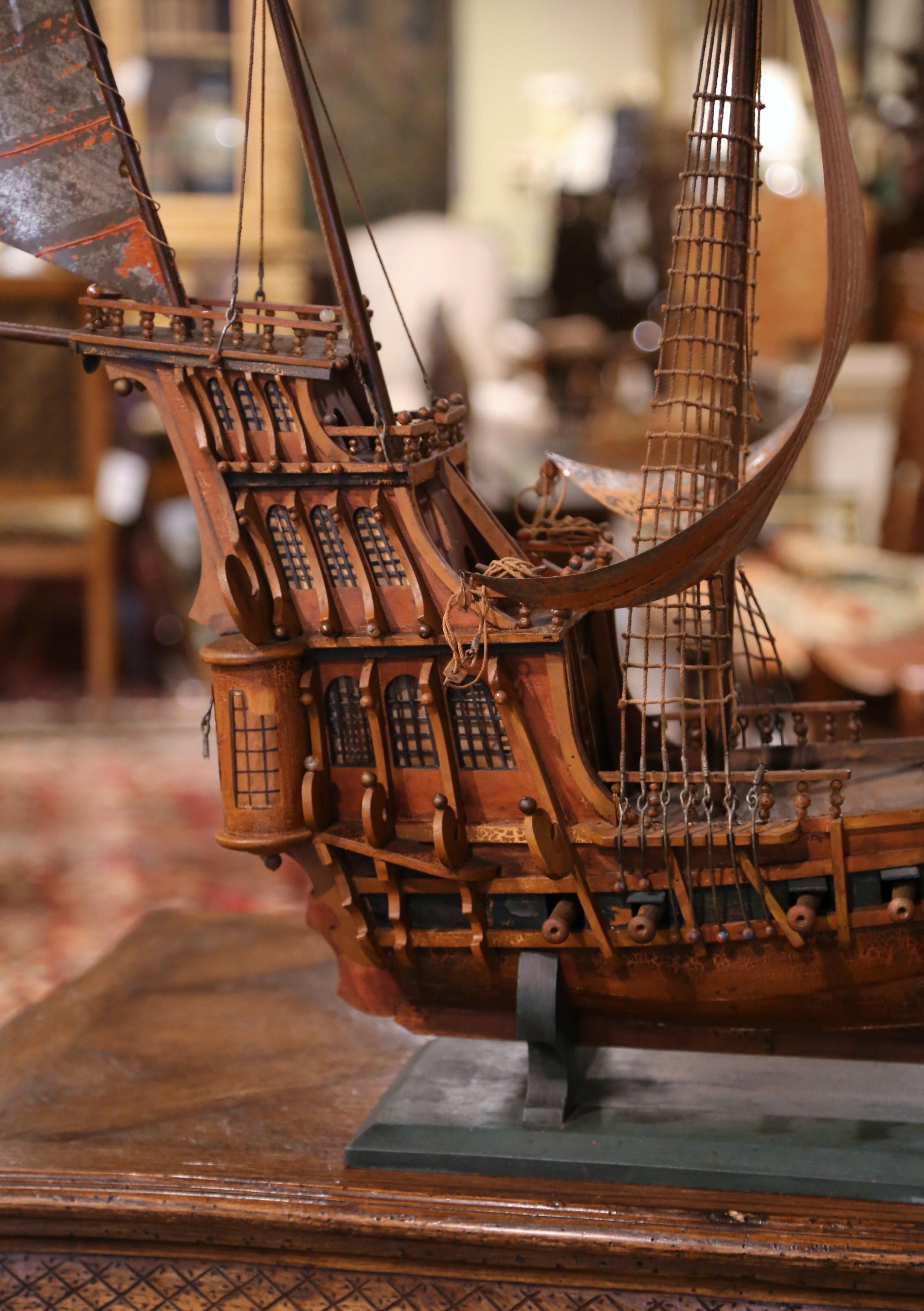 Mid-Century Spanish Carved Wood and Metal Model Ship 2