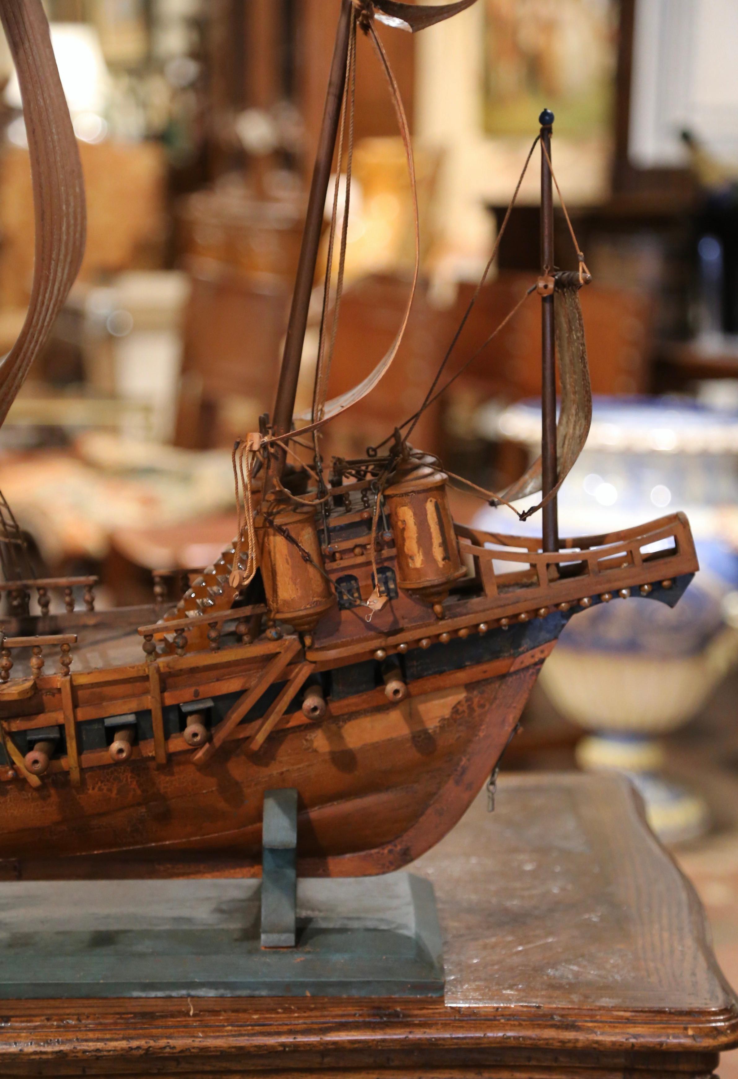 Mid-Century Spanish Carved Wood and Metal Model Ship 3