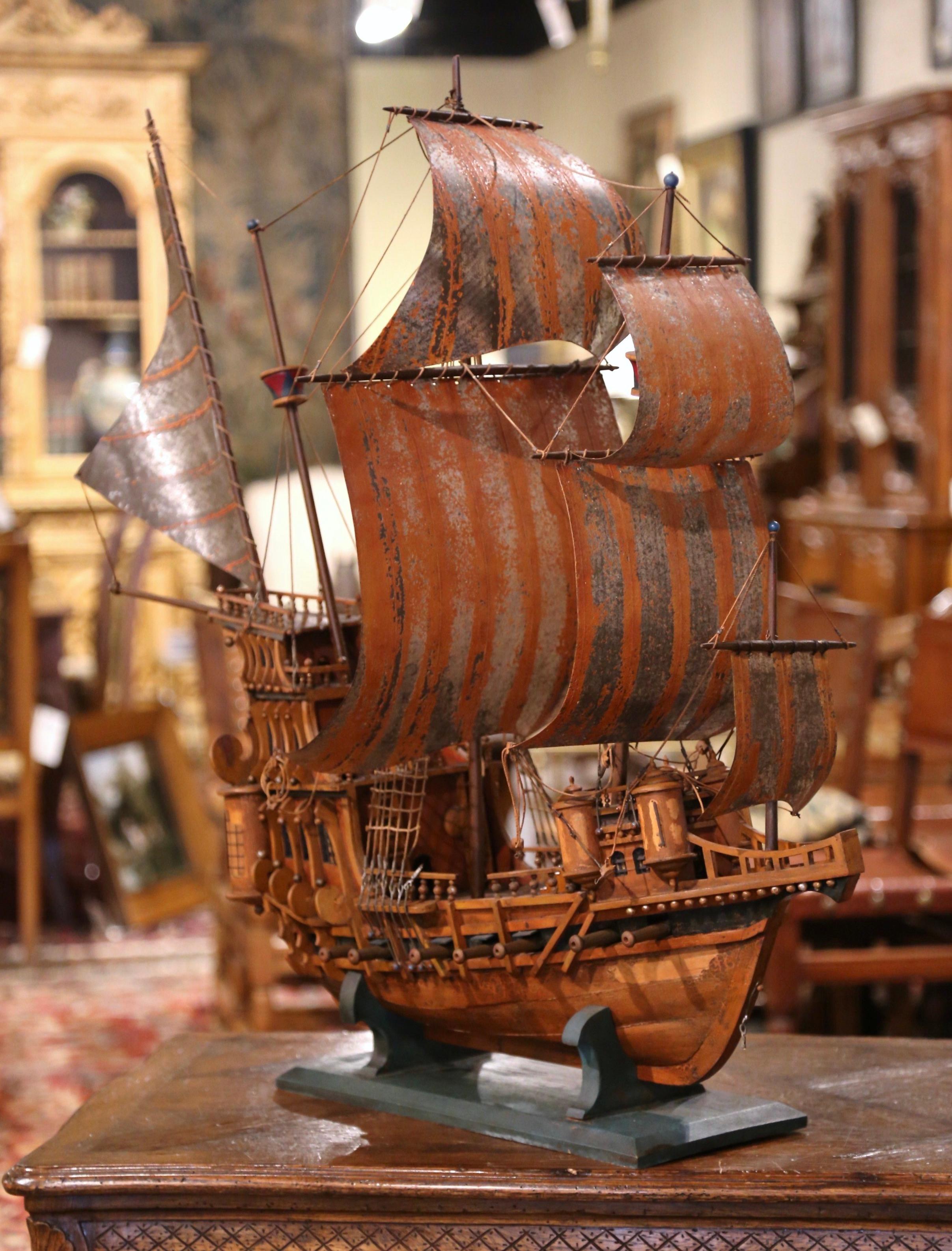Mid-Century Spanish Carved Wood and Metal Model Ship 5