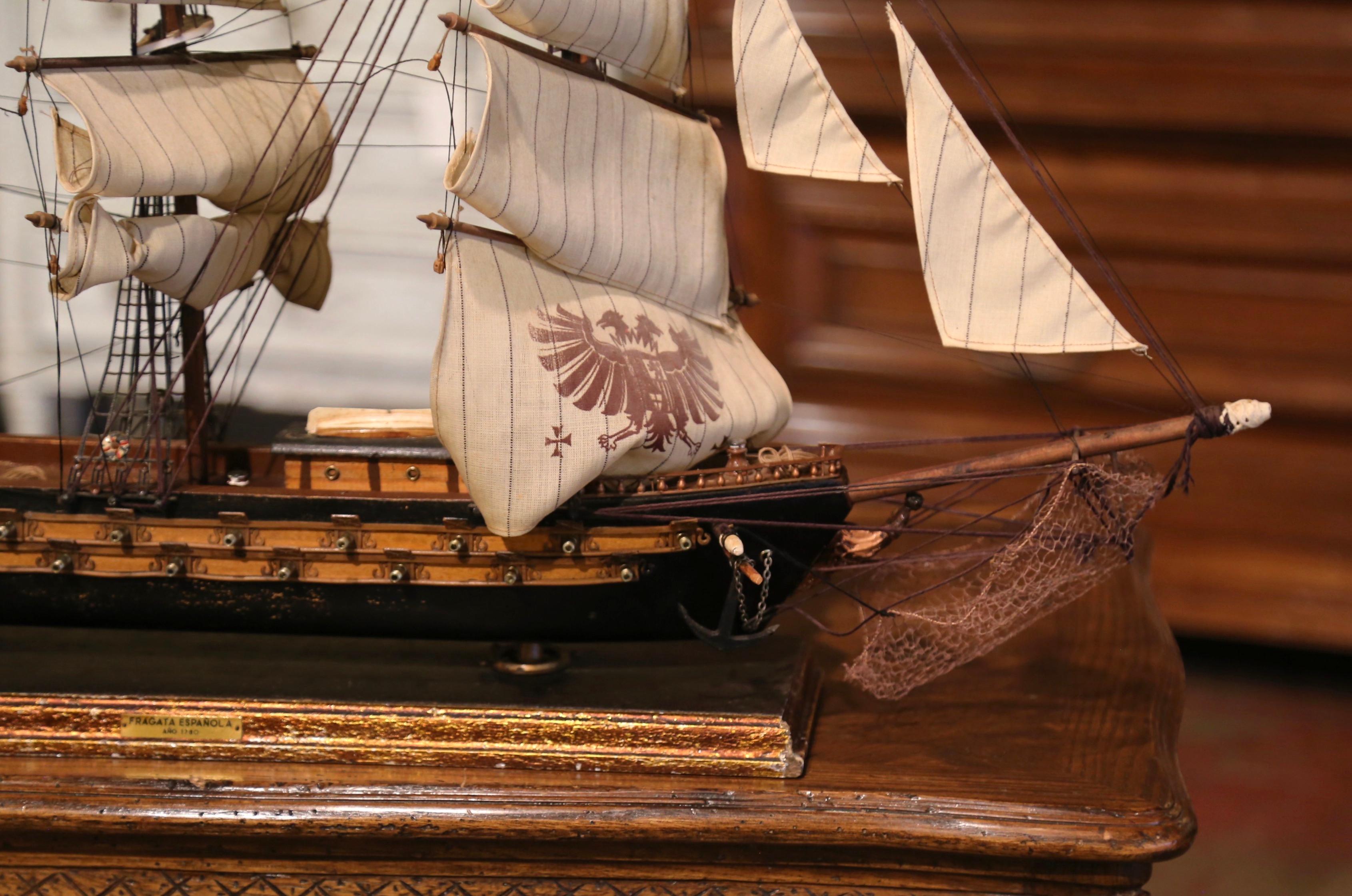 English Mid-Century Spanish Carved Armada Style Model Ship the 