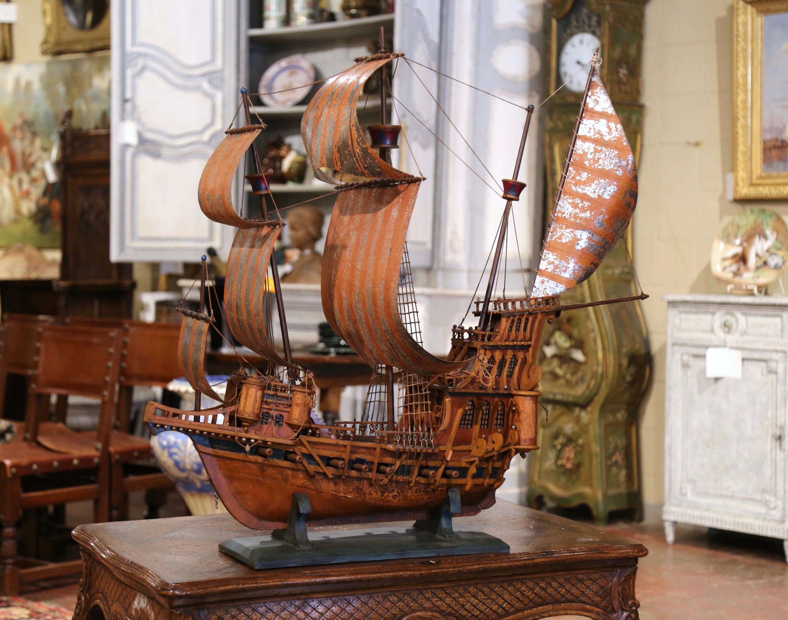 English Mid-Century Spanish Carved Wood and Metal Model Ship