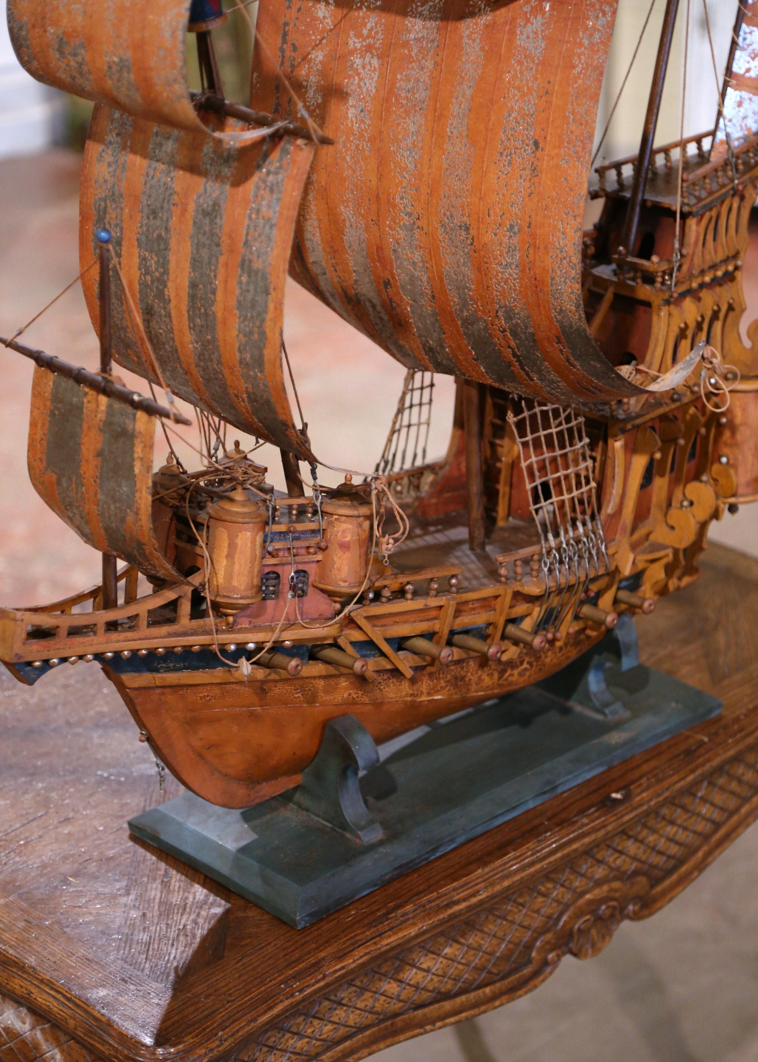 Hand-Crafted Mid-Century Spanish Carved Wood and Metal Model Ship