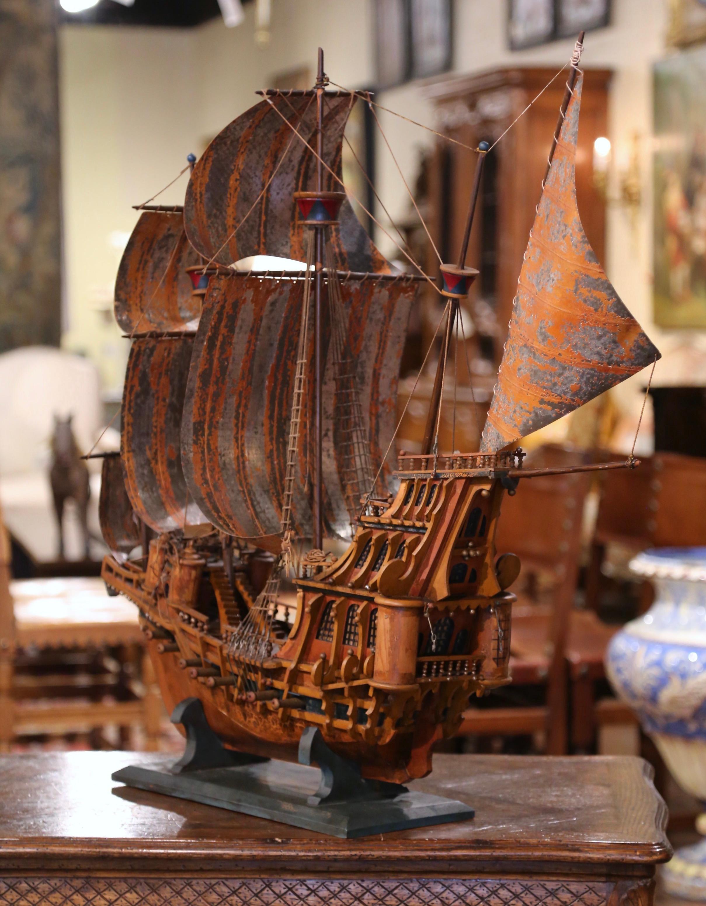 20th Century Mid-Century Spanish Carved Wood and Metal Model Ship