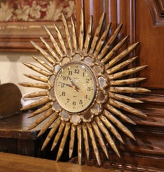 Mid-Century Spanish Carved Giltwood Sunburst Wall Clock with Mirrored Insets