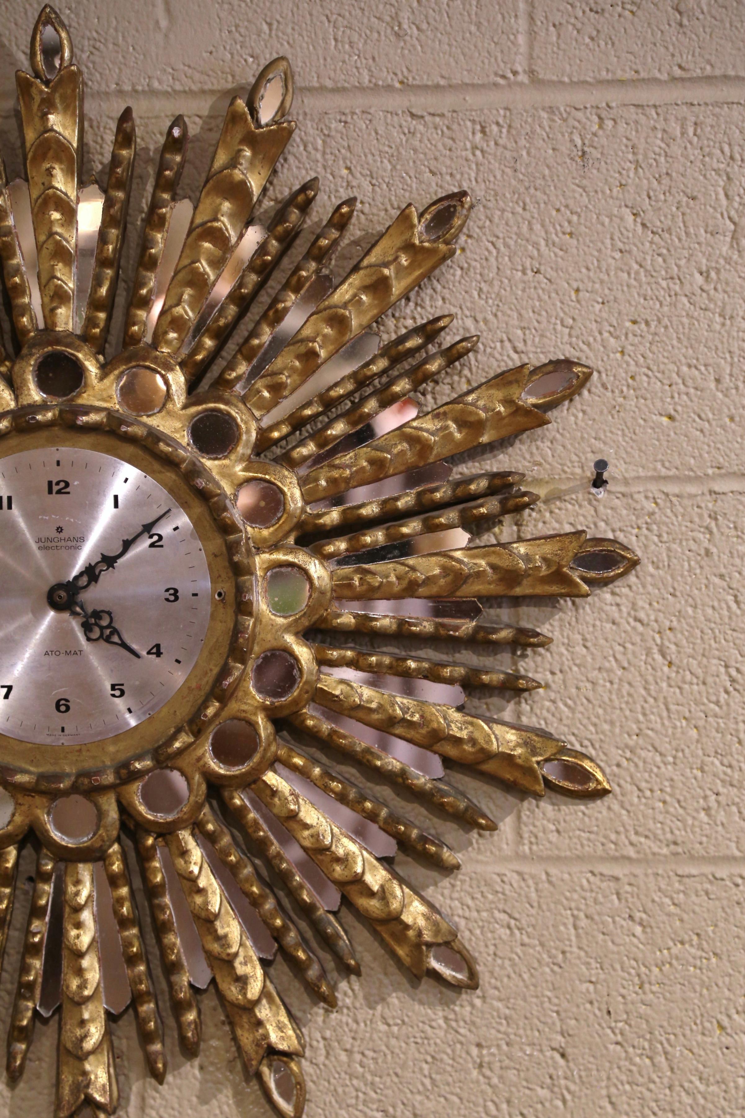 Hand-Carved Mid-Century Spanish Carved Giltwood Sunburst Wall Clock with Mirrored Insets For Sale