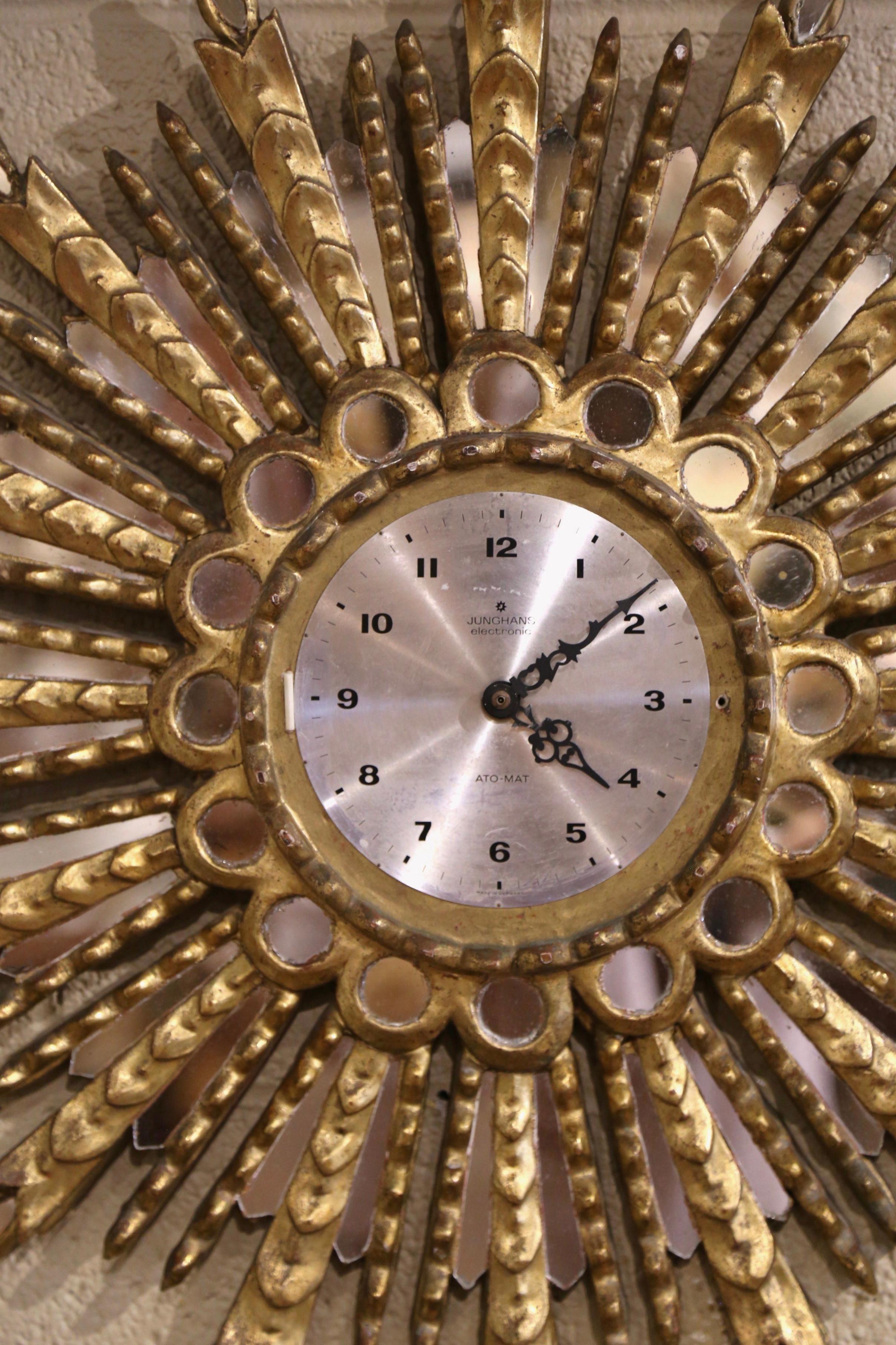 20th Century Mid-Century Spanish Carved Giltwood Sunburst Wall Clock with Mirrored Insets For Sale