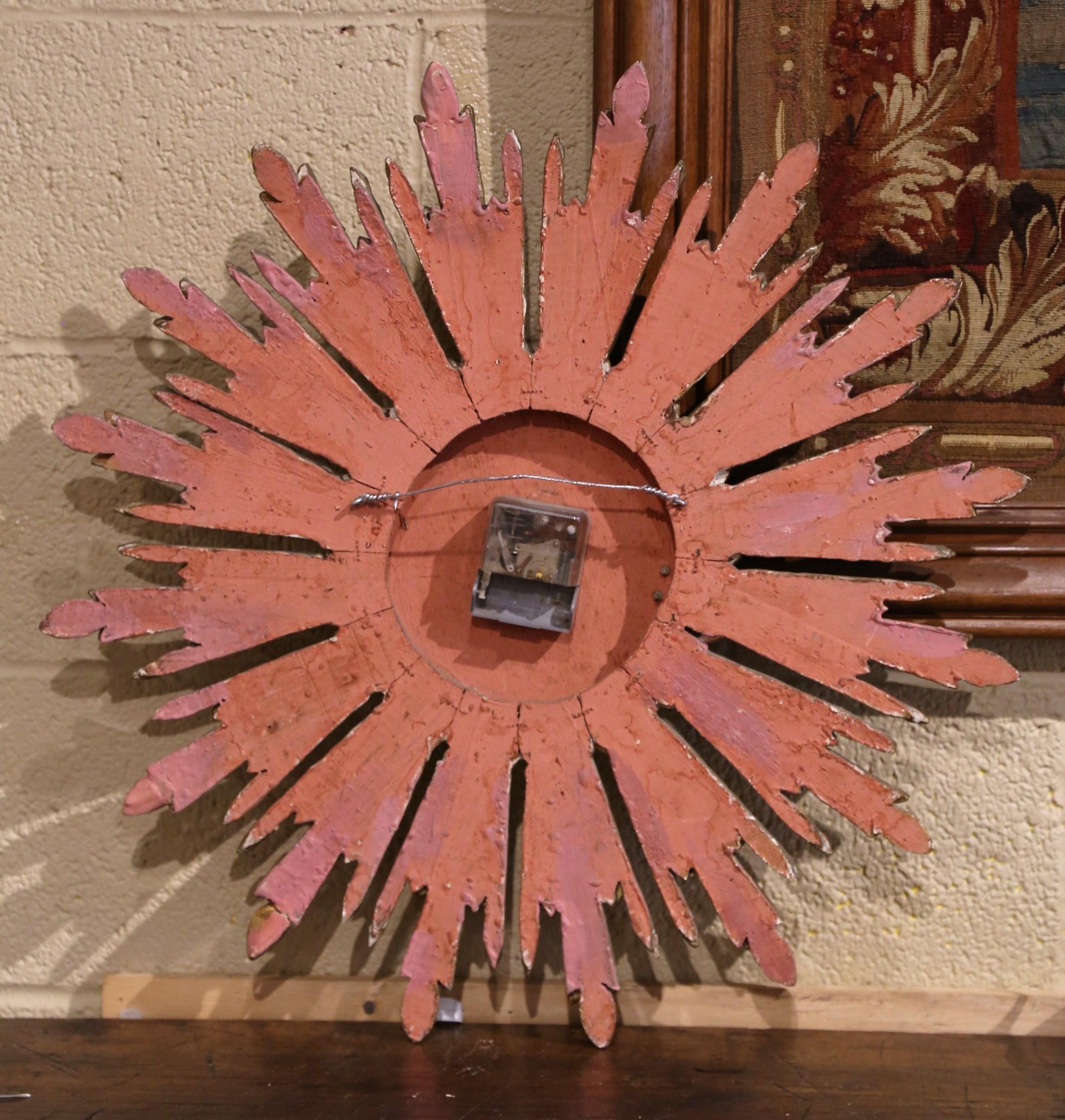 Mid-Century Spanish Carved Giltwood Sunburst Wall Clock with Mirrored Insets For Sale 1