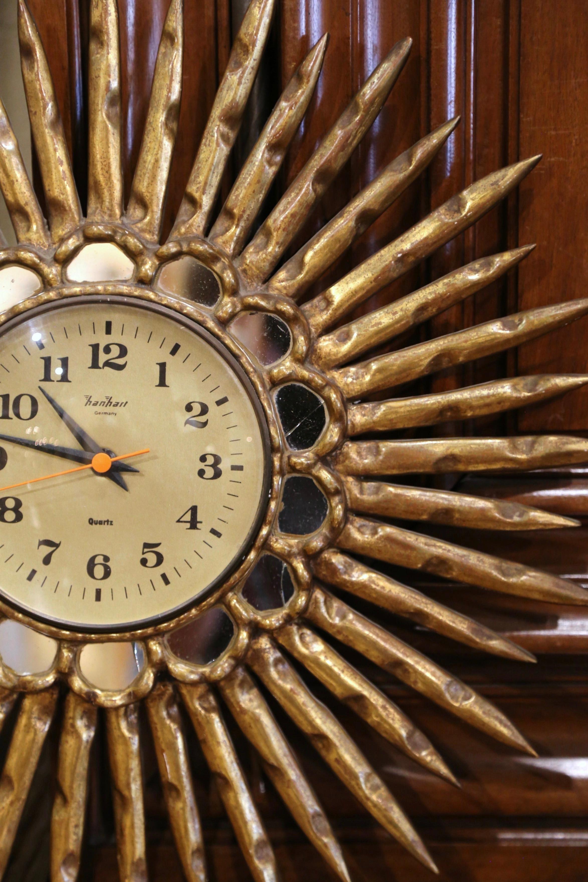 Mid-Century Spanish Carved Giltwood Sunburst Wall Clock with Mirrored Insets For Sale 2