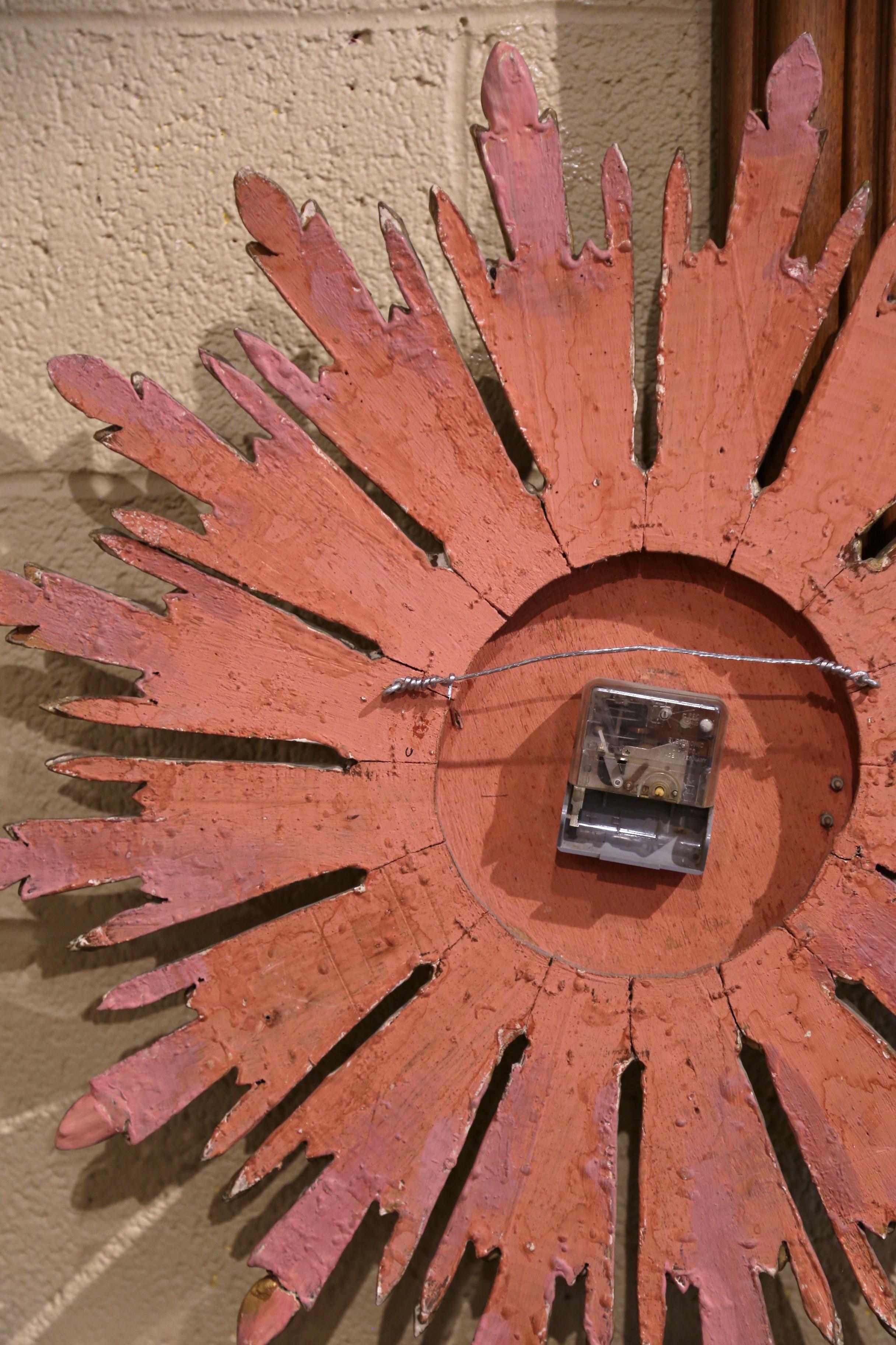 Mid-Century Spanish Carved Giltwood Sunburst Wall Clock with Mirrored Insets For Sale 2