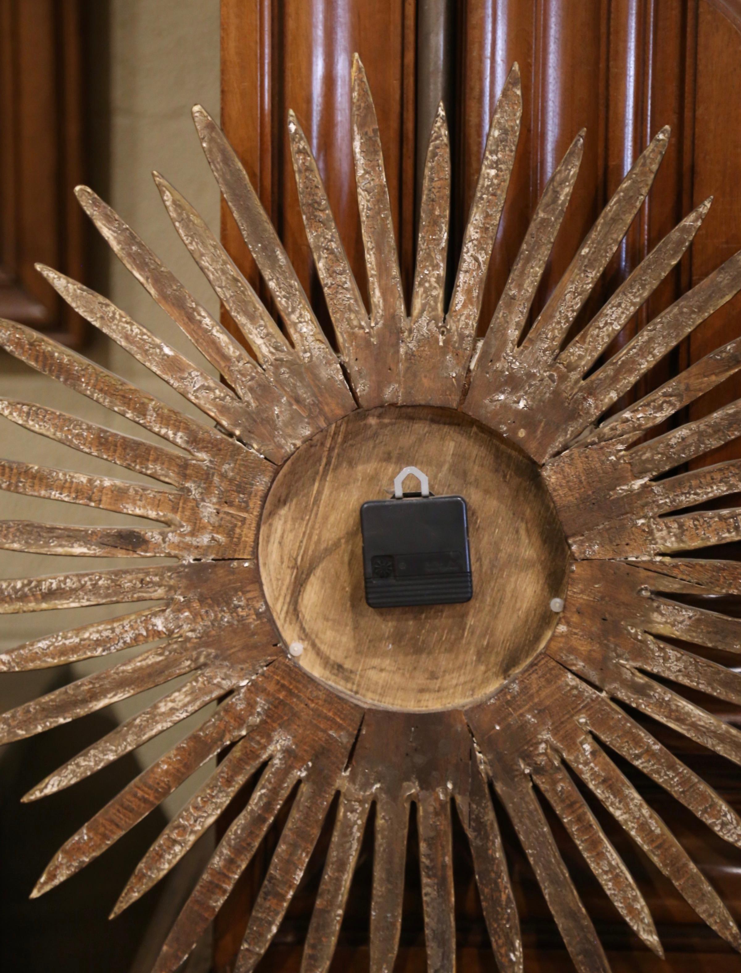 Mid-Century Spanish Carved Giltwood Sunburst Wall Clock with Mirrored Insets For Sale 3